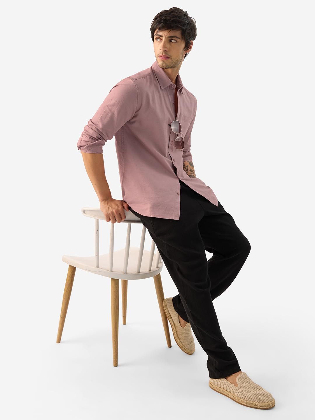 Soft Pink Men and Boys Collared Neck Long Sleeve Button Front Solid Regular Fit Cotton Linen Shirts