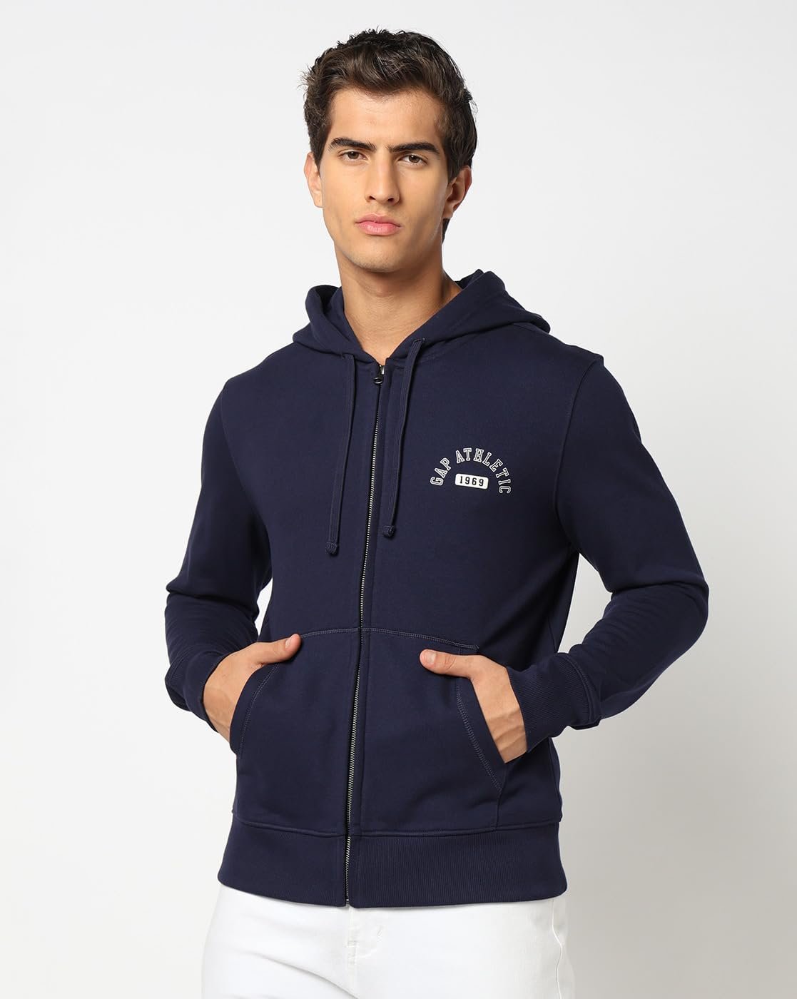 Men Graphic Printed Regular Fit Full Sleeves Hooded Sweatshirt,Navy