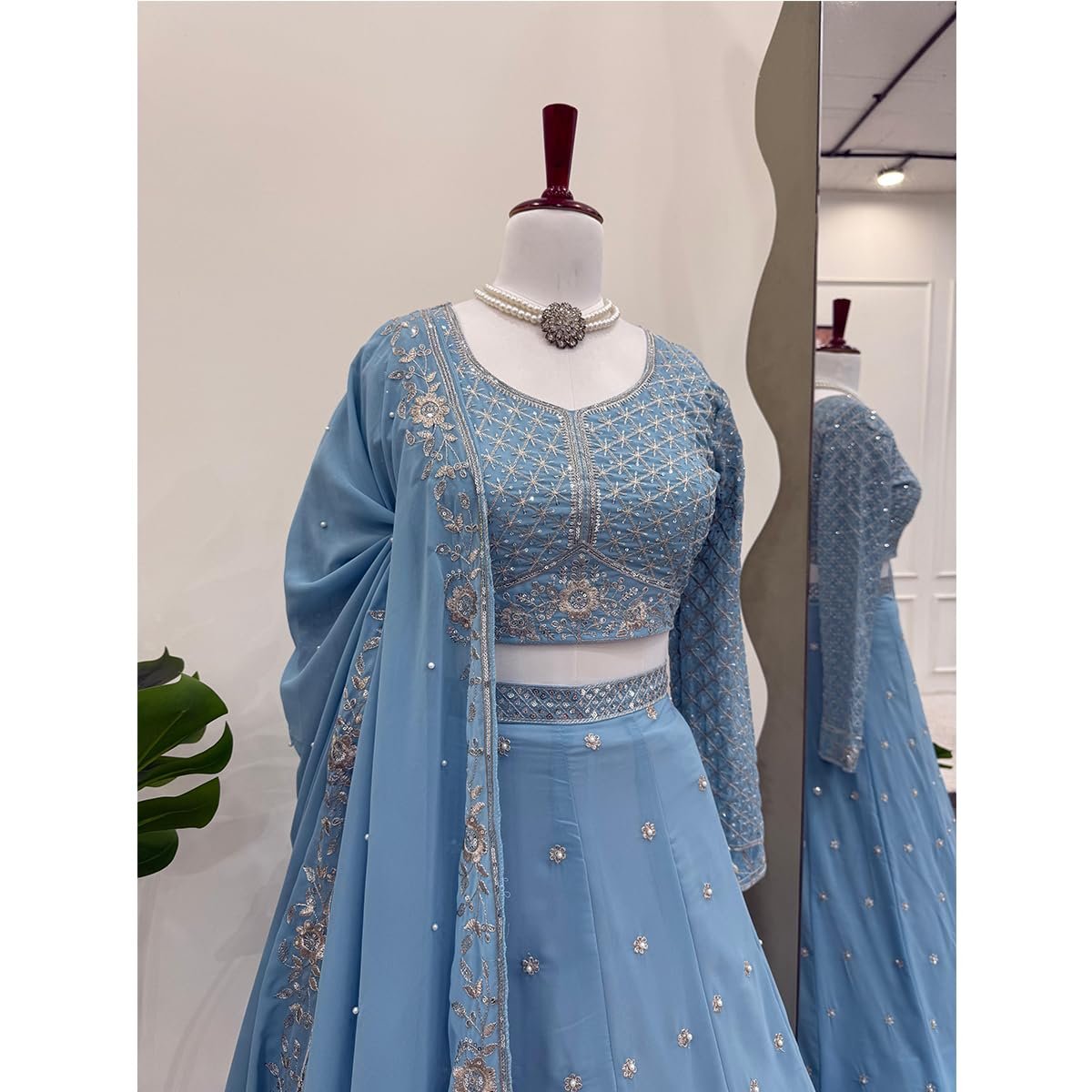 WOMEN'S Georgette Trending Designer Semi-Stitched Lehenga Choli Set for Women | Dupatta & Unstitched Blouse | Wedding Outfit (SF201537 Light Blue free-size)