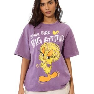 Looney Tunes: Big Attitude Women and Girls Short Sleeves Round Neck Purple Graphic Printed Cotton Oversized Lightweight Streetwear T-Shirt