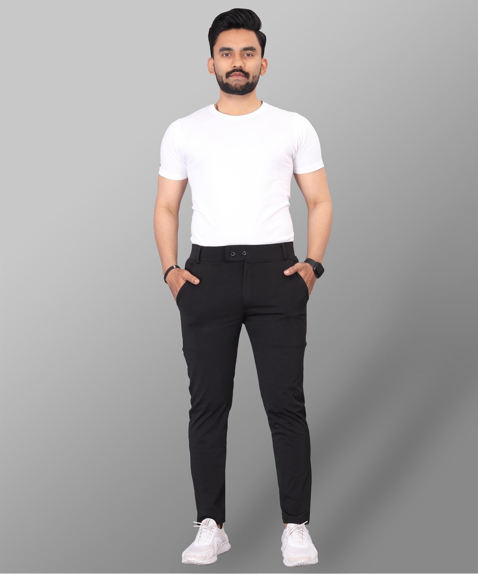 Men's Slim Fit Casual Mid Rise Trousers, Cotton Blend, Side Pockets (in, Numeric, Regular, Black)