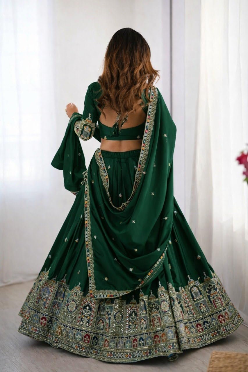 Women's Bottle Green Designer Lehenga Choli with Dupatta, Malai Satin Embroidered Sequence Work Semi Stitched Wedding Lehenga for Women, Party Wear Bridal Ethnic Ghagra Choli Set