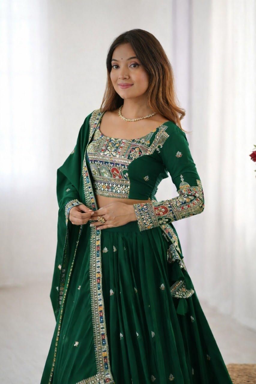 Women's Bottle Green Designer Lehenga Choli with Dupatta, Malai Satin Embroidered Sequence Work Semi Stitched Wedding Lehenga for Women, Party Wear Bridal Ethnic Ghagra Choli Set