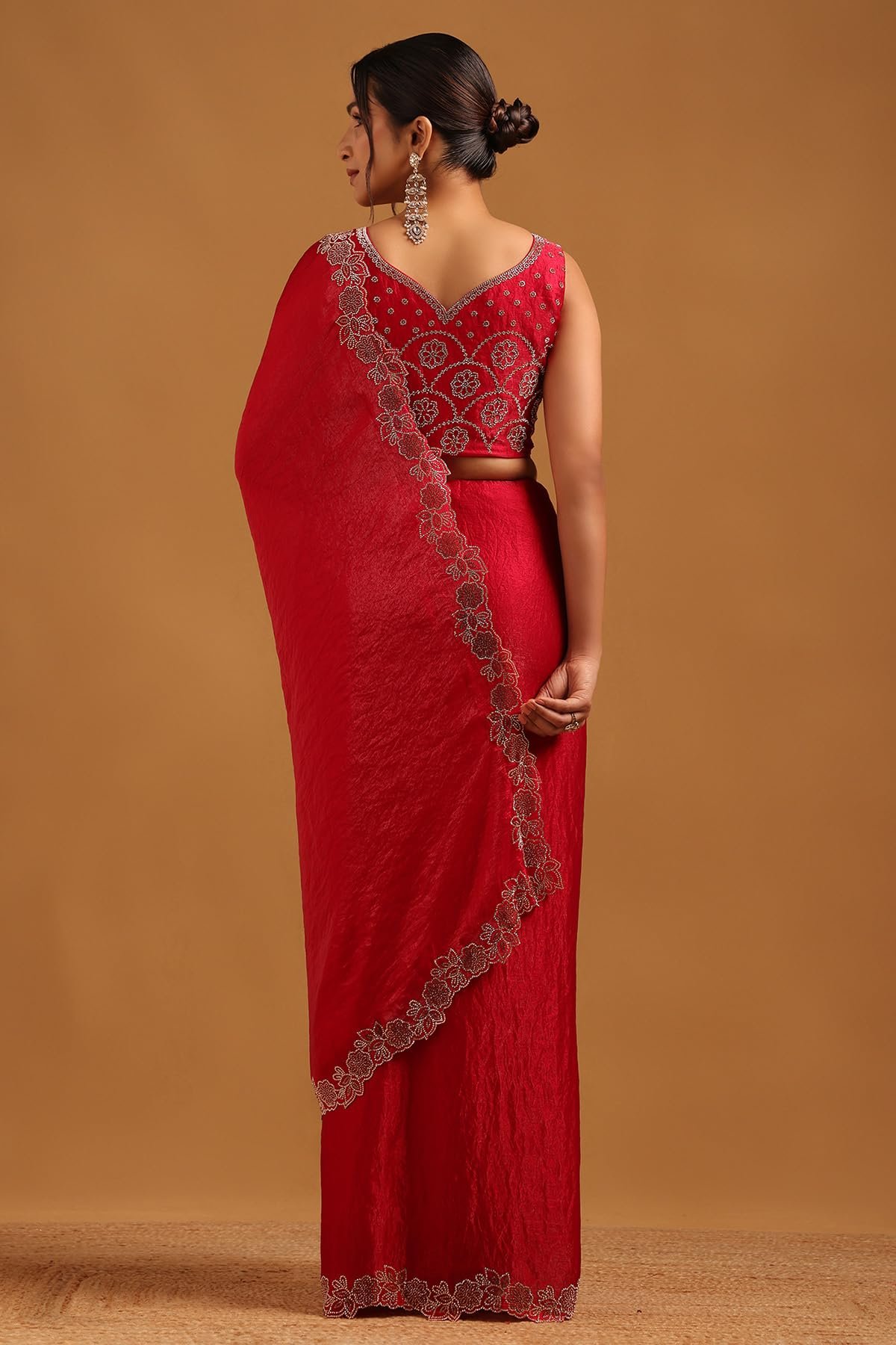 Womens Red Fendy Organza Saree With Stone Work