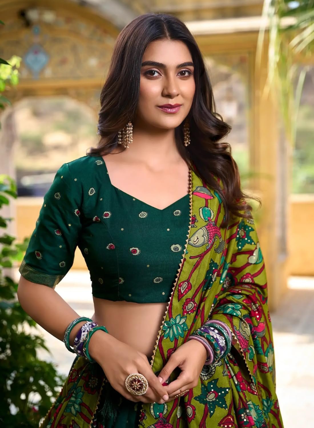 Women’s Pure Dolla Silk Lehenga Choli with Dupatta | Foil Printed Designer Chaniya Choli | 3 Meter Flare Stitched Lehenga with Unstitched Blouse | Festive, Wedding & Party (Dark Green)