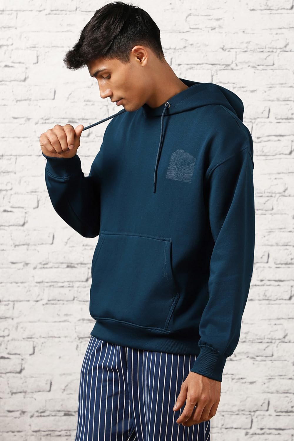 Men's Cotton Neck Hooded Oversized Fit Sweatshirt (1M-TWRH-C0737_Navy Blue 2_Large)