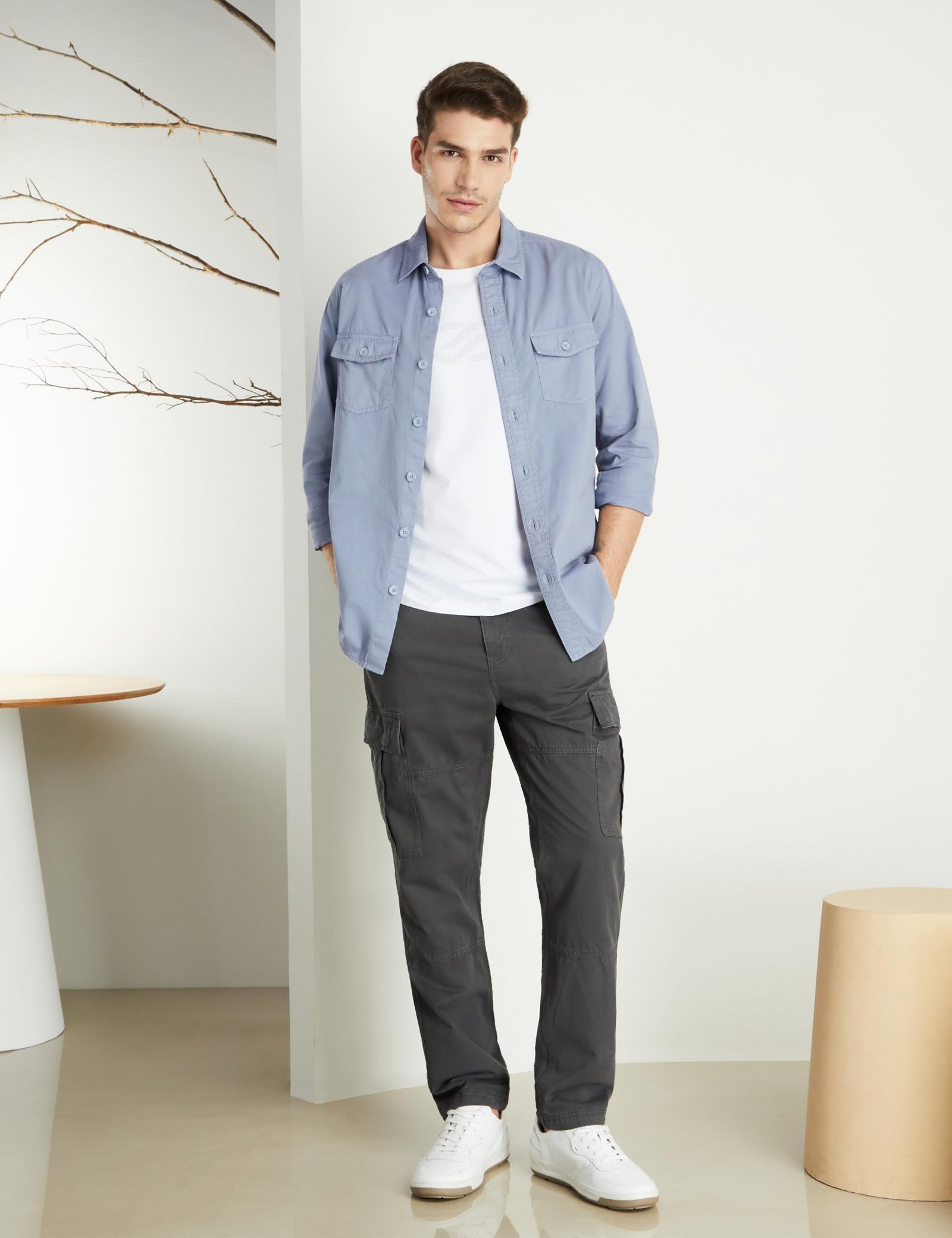 Men's Regular Fit Washed Cargo Pants (Pure Cotton | Relaxed Fit) (SP-M-A25-CT-105-Mid Grey-38)