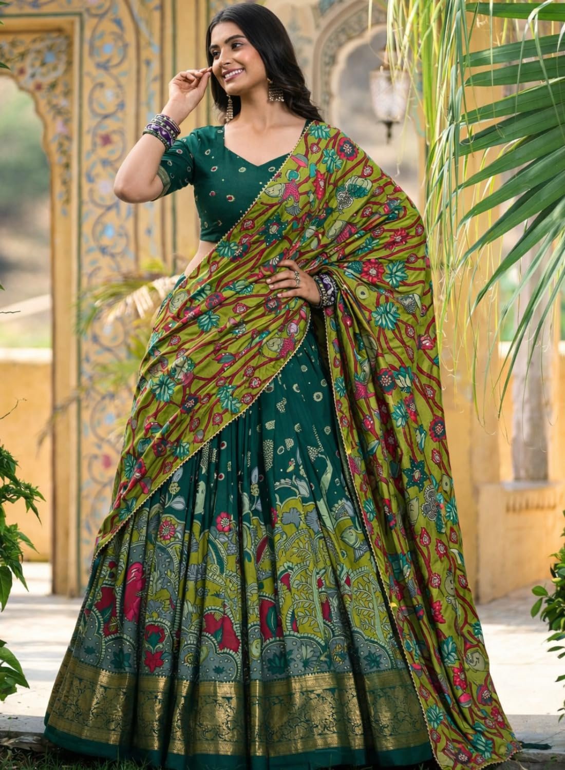 Women’s Pure Dolla Silk Lehenga Choli with Dupatta | Foil Printed Designer Chaniya Choli | 3 Meter Flare Stitched Lehenga with Unstitched Blouse | Festive, Wedding & Party (Dark Green)