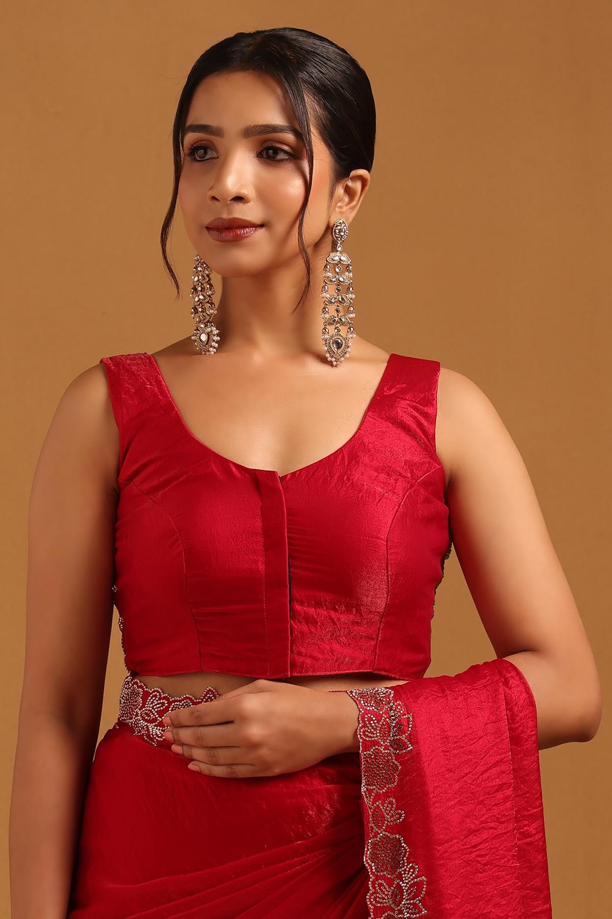 Womens Red Fendy Organza Saree With Stone Work