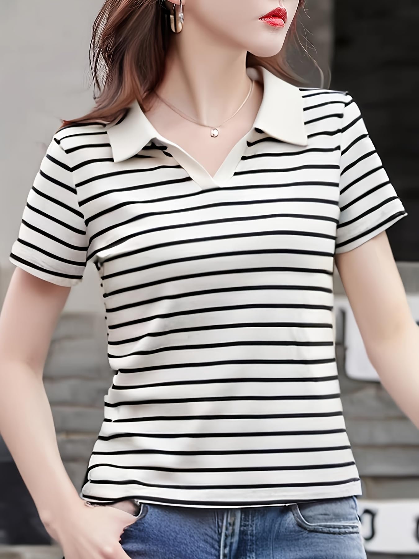 Women Short Sleeve Polo T-Shirts, Lady's Summer Striped Shirt, Collar Neck Casual Tank Tops - (Large)