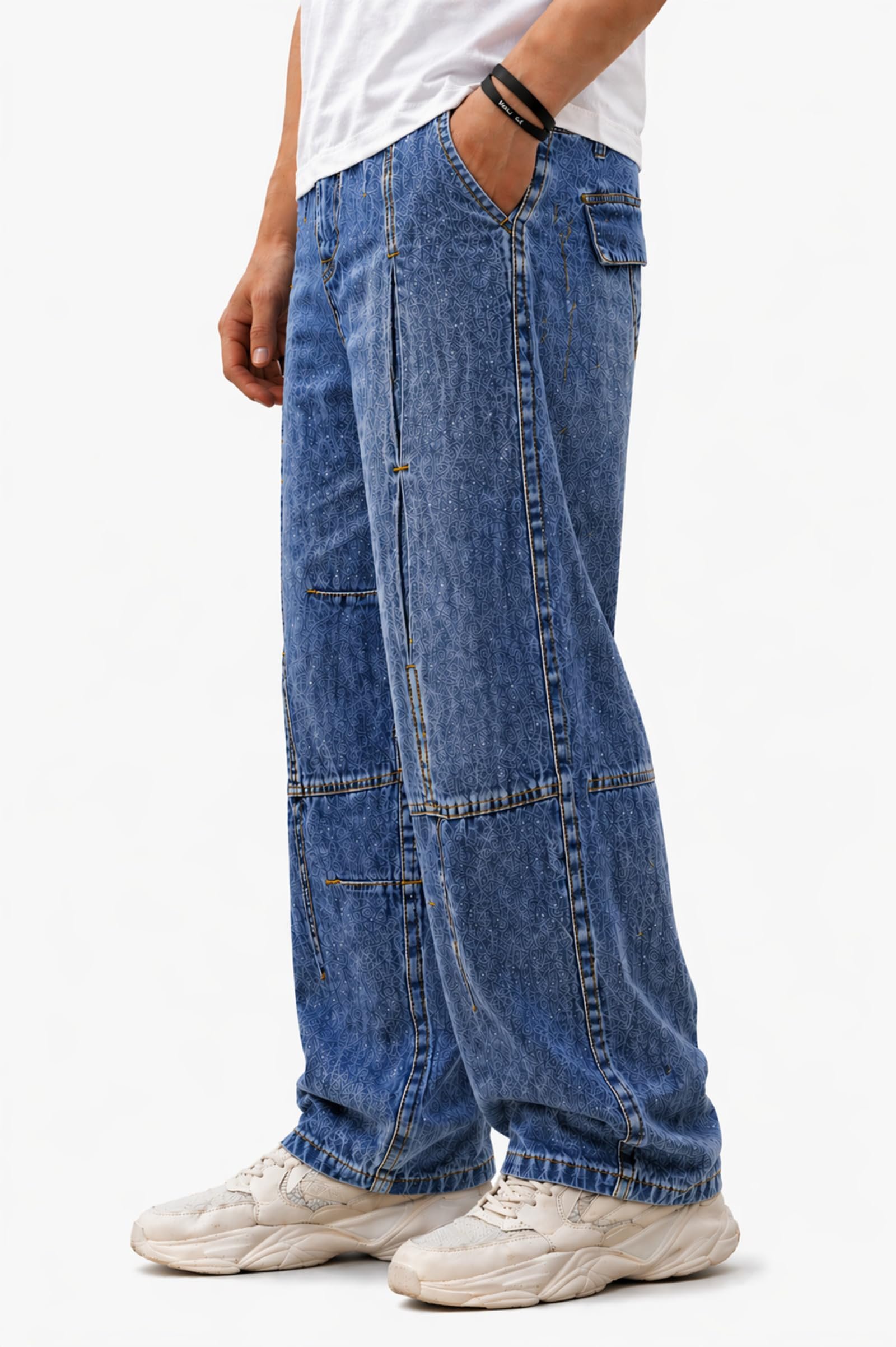 Light Blue Baggy Jeans for Men | Loose Fit Wide Leg Denim Pants | Streetwear Relaxed Fit Casual Jeans: | Stretchable Cotton Blue Jeanss 36