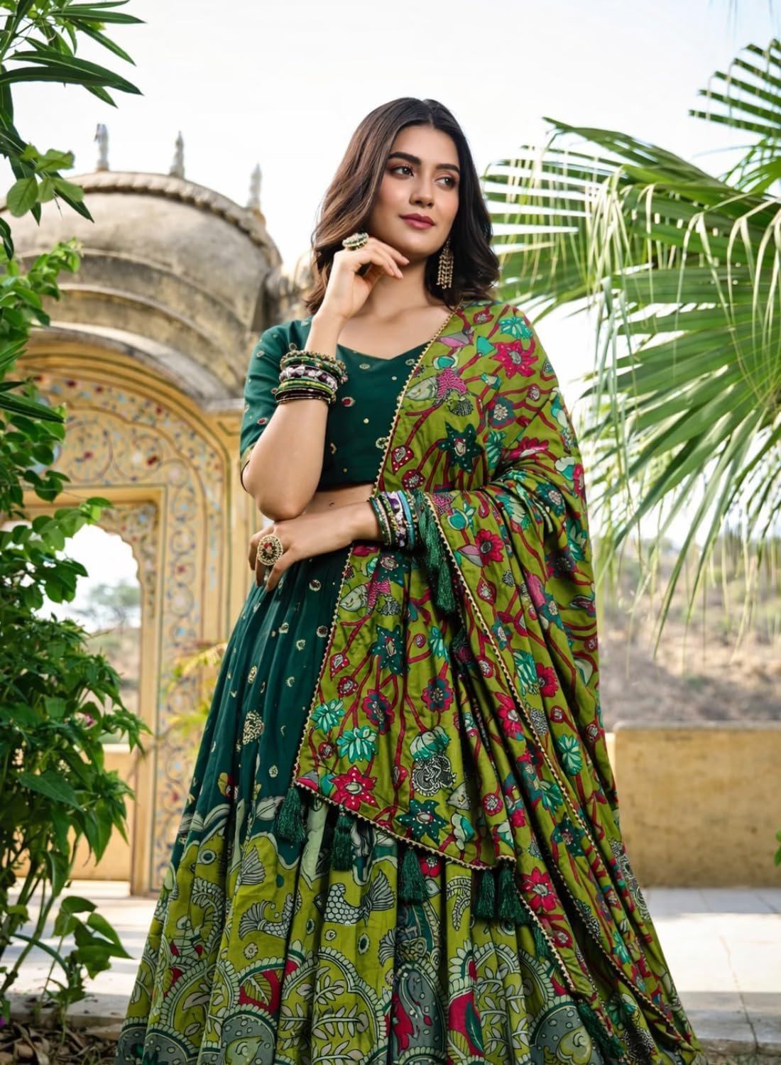 Women’s Pure Dolla Silk Lehenga Choli with Dupatta | Foil Printed Designer Chaniya Choli | 3 Meter Flare Stitched Lehenga with Unstitched Blouse | Festive, Wedding & Party (Dark Green)