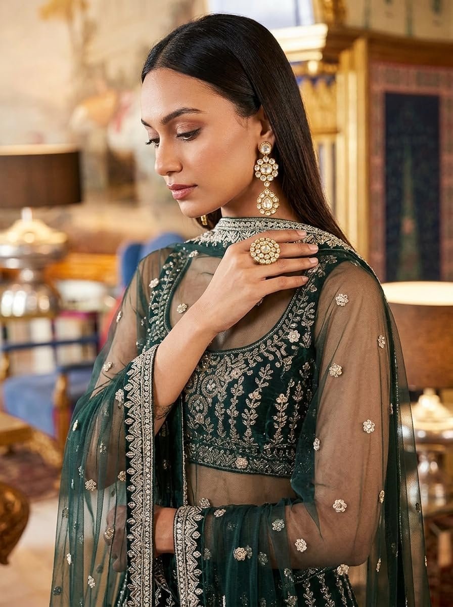 Women's Green Georgette,Thread Sequenca Zari Embroidery Work Semi Stiched Lehenga Choli