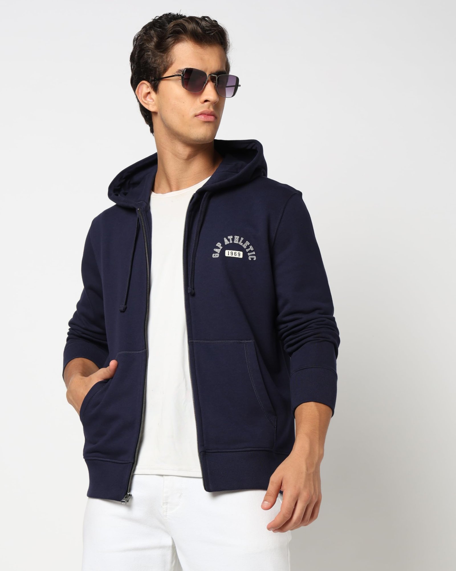Men Graphic Printed Regular Fit Full Sleeves Hooded Sweatshirt,Navy