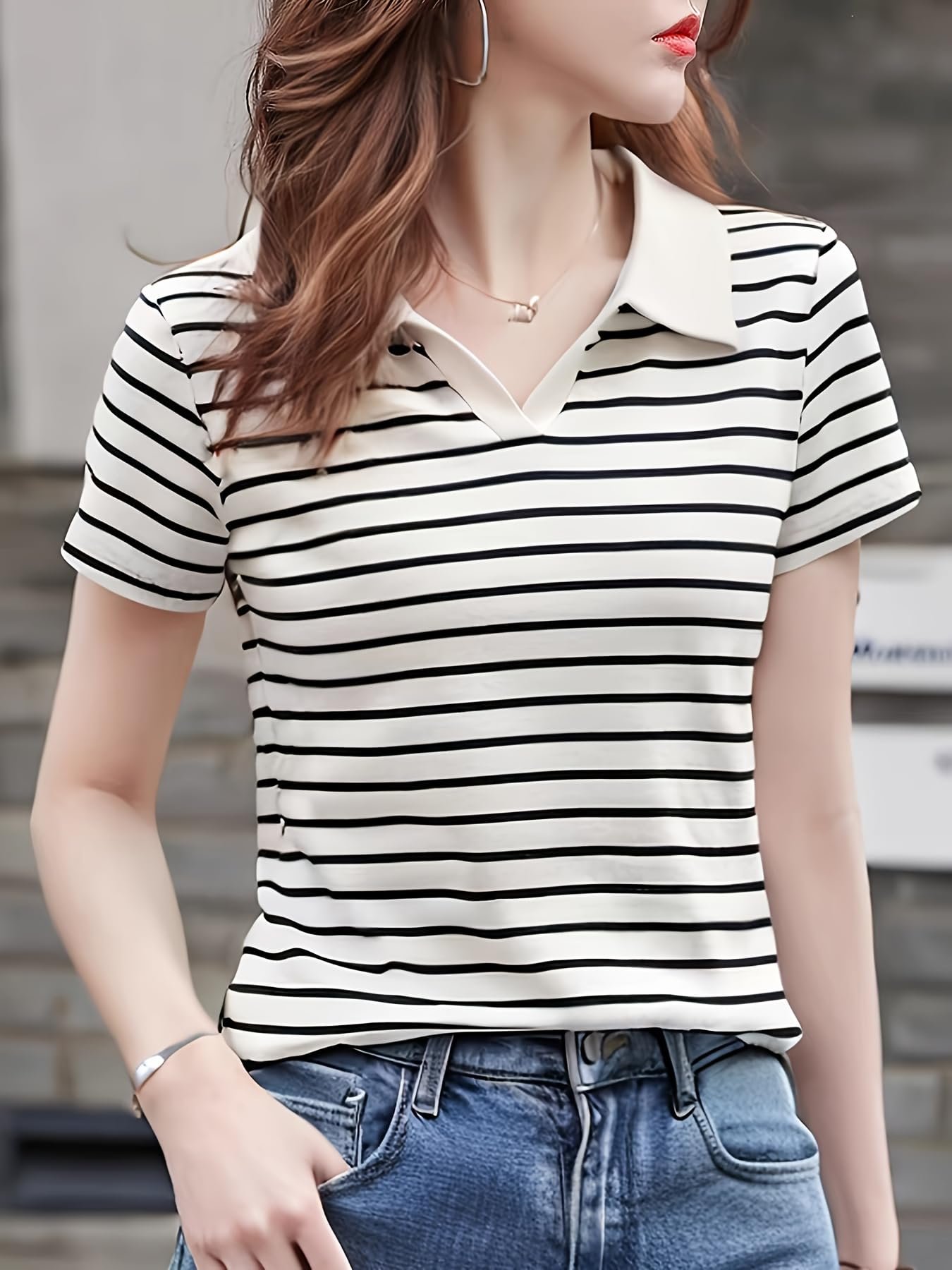 Women Short Sleeve Polo T-Shirts, Lady's Summer Striped Shirt, Collar Neck Casual Tank Tops - (Large)