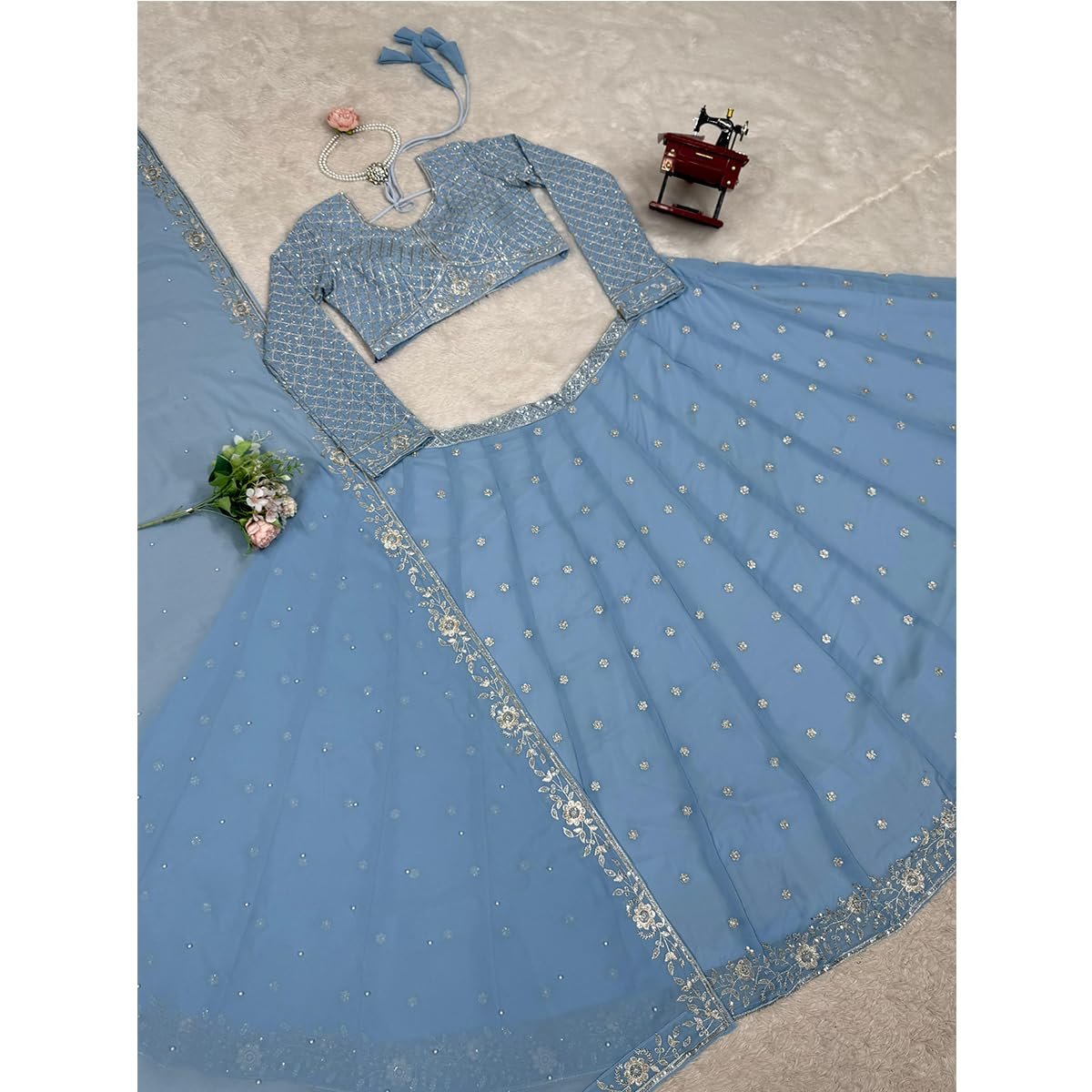 WOMEN'S Georgette Trending Designer Semi-Stitched Lehenga Choli Set for Women | Dupatta & Unstitched Blouse | Wedding Outfit (SF201537 Light Blue free-size)
