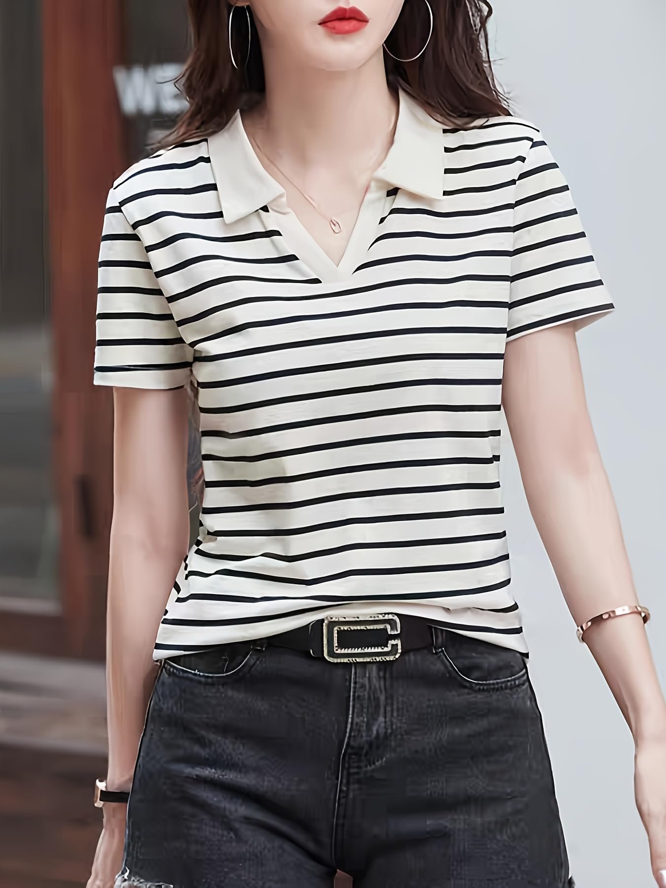 Women Short Sleeve Polo T-Shirts, Lady's Summer Striped Shirt, Collar Neck Casual Tank Tops - (Large)
