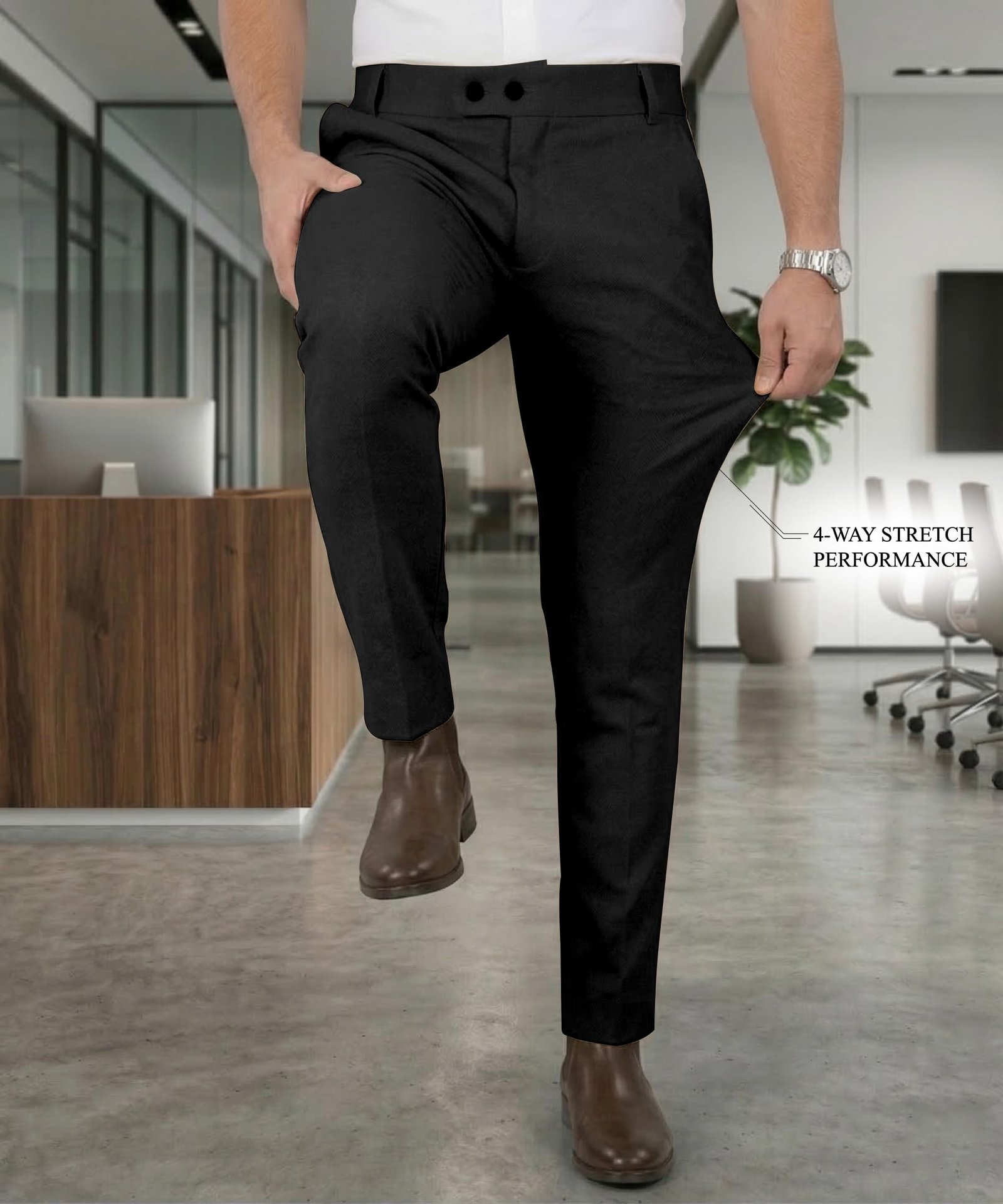 Men's Slim Fit Casual Mid Rise Trousers, Cotton Blend, Side Pockets (in, Numeric, Regular, Black)