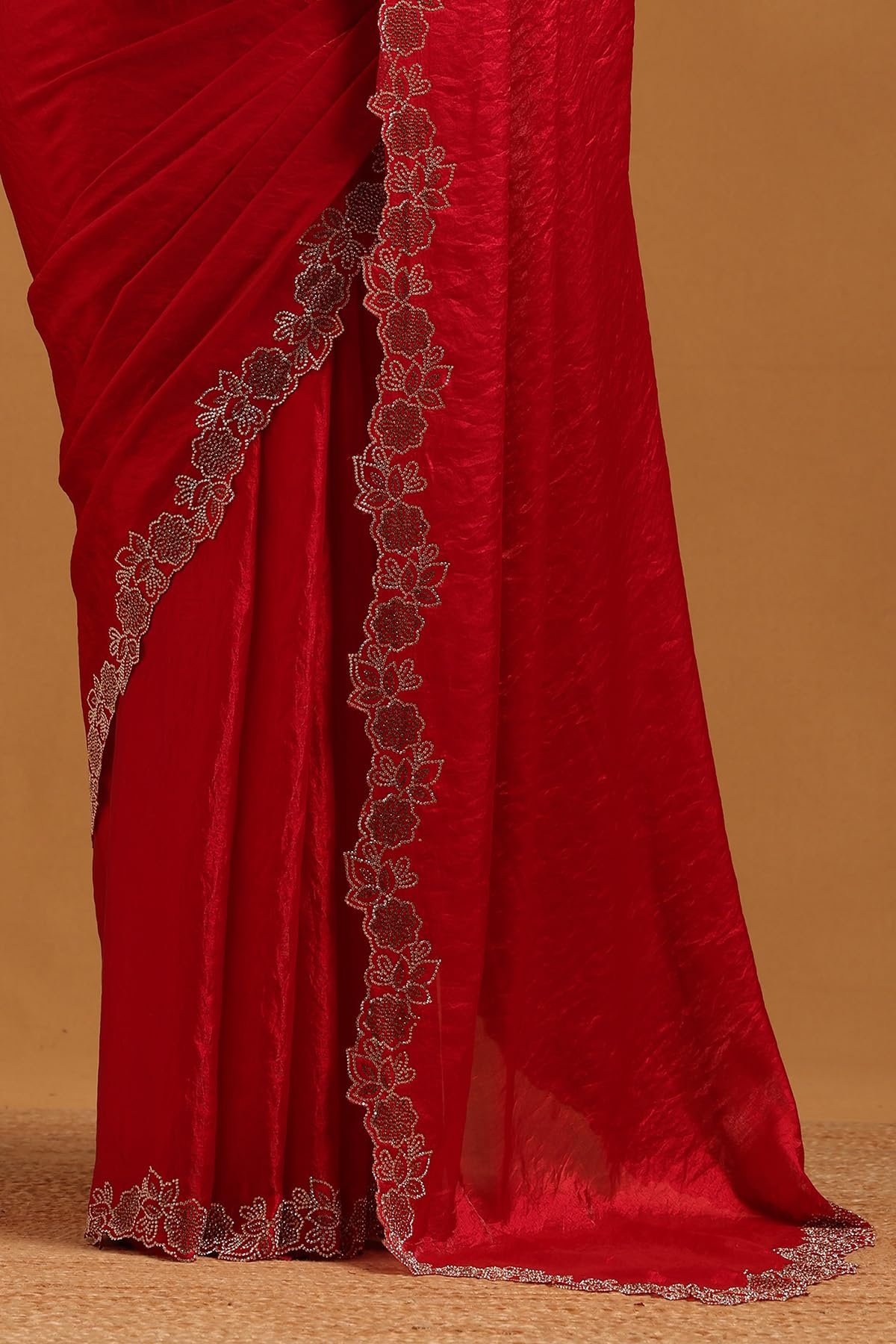 Womens Red Fendy Organza Saree With Stone Work