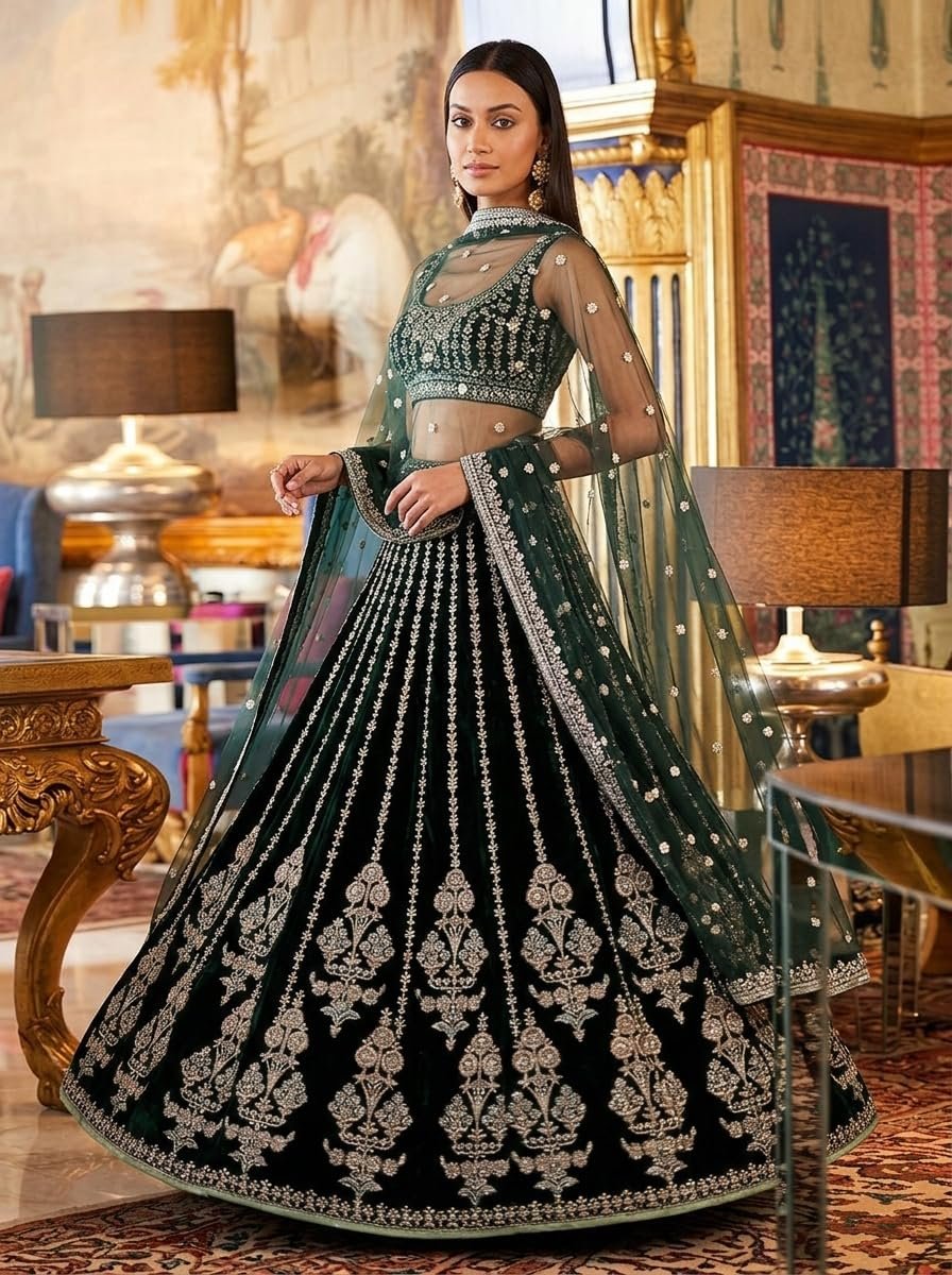 Women's Green Georgette,Thread Sequenca Zari Embroidery Work Semi Stiched Lehenga Choli
