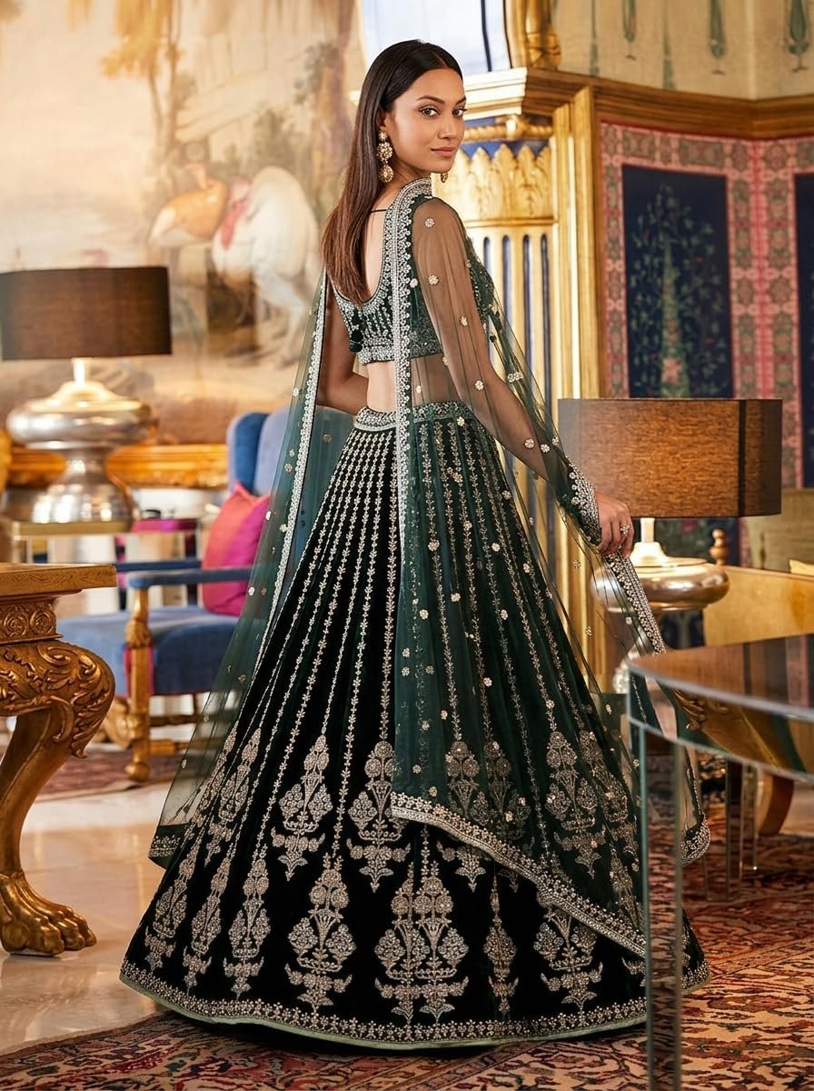 Women's Green Georgette,Thread Sequenca Zari Embroidery Work Semi Stiched Lehenga Choli