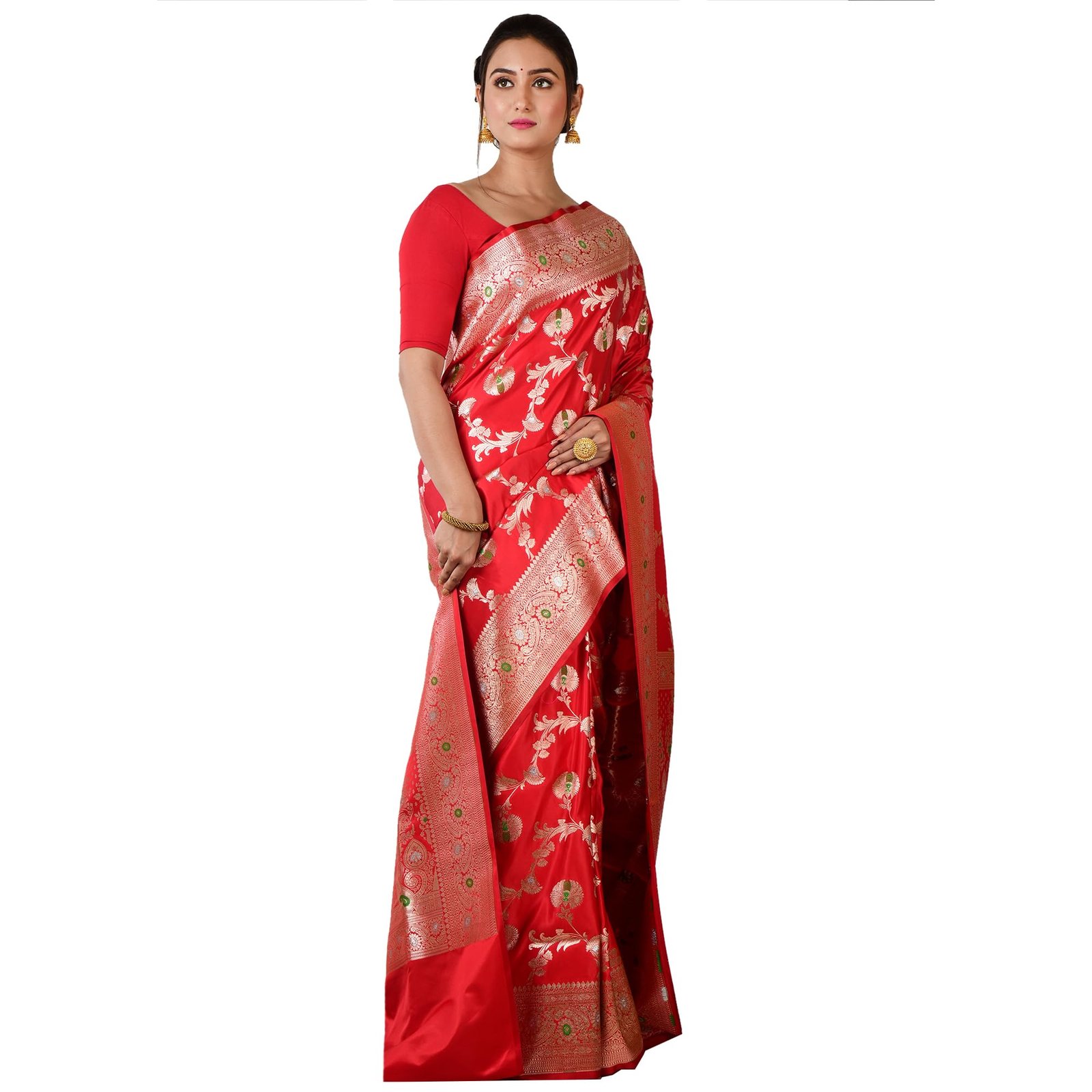 Women Katan Silk Banarasi Saree with All Over Golden Zari Border & Woven Design | Traditional Wedding Festive Saree | Rich Ethnic Party Wedding | With Blouse Piece