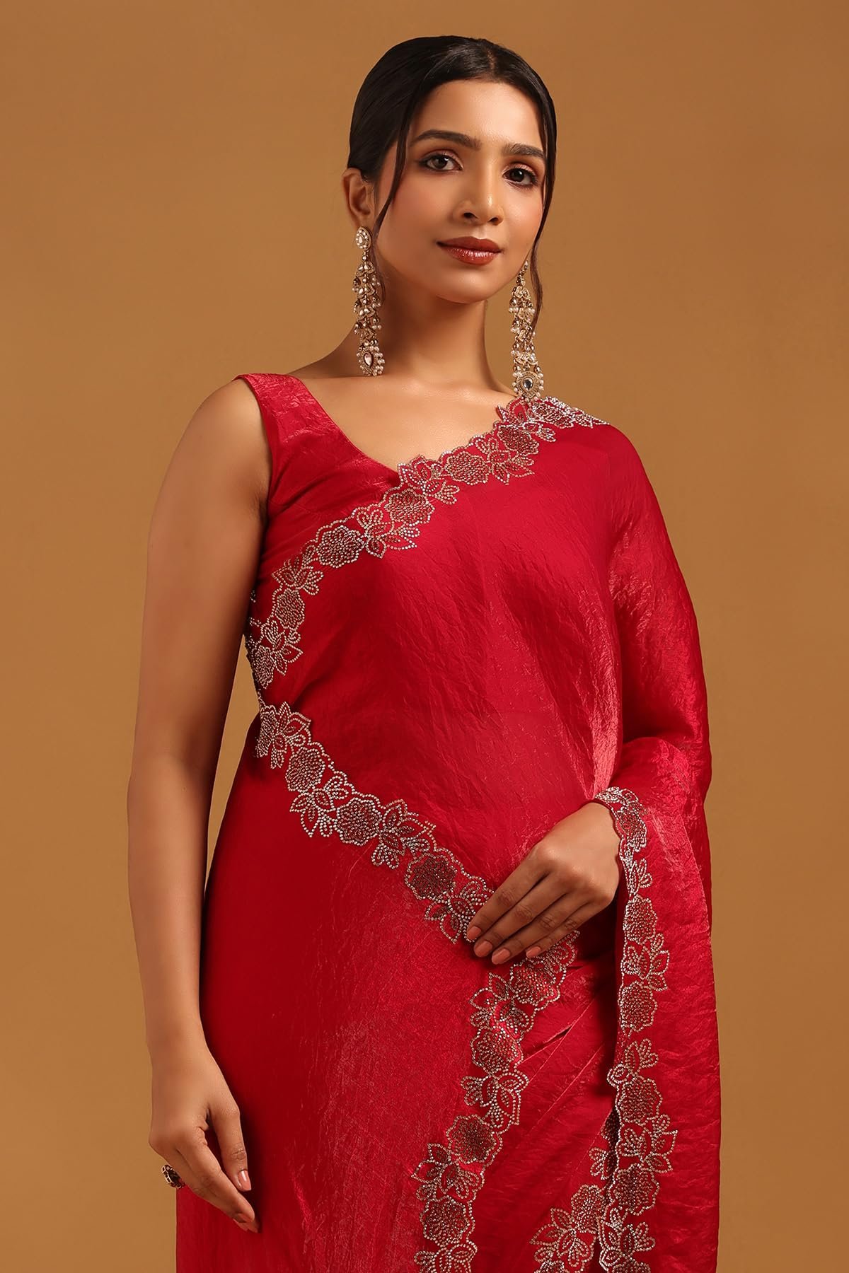 Womens Red Fendy Organza Saree With Stone Work