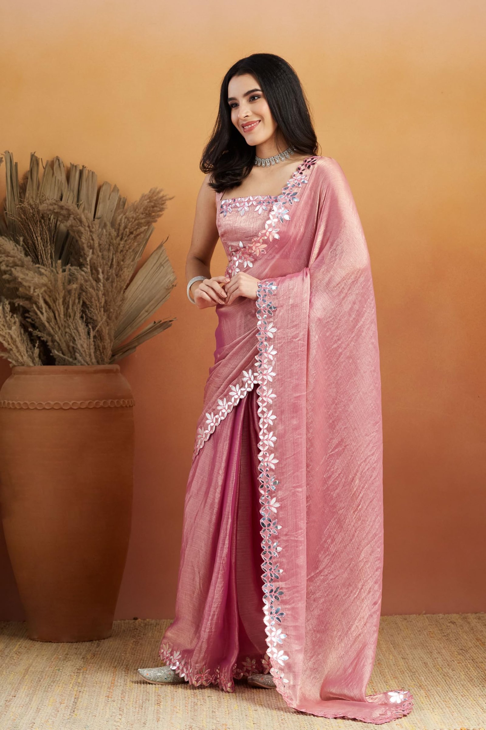 Gota Pati Lace Work Pink Glass Tissue Saree