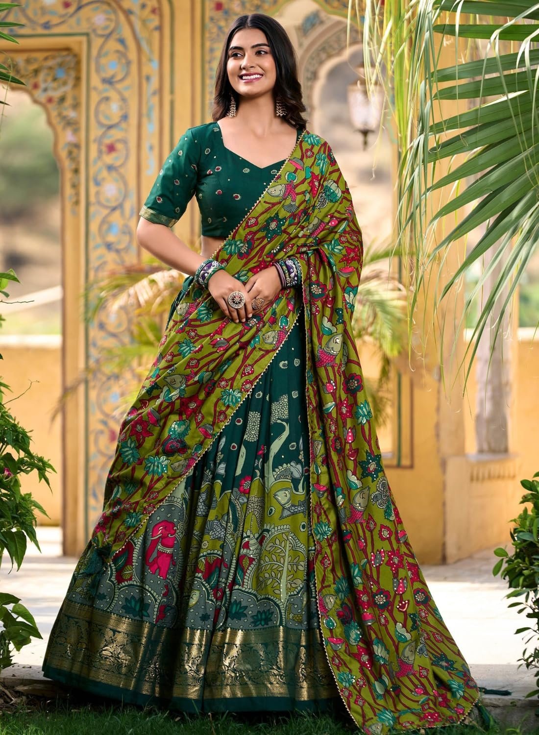 Women’s Pure Dolla Silk Lehenga Choli with Dupatta | Foil Printed Designer Chaniya Choli | 3 Meter Flare Stitched Lehenga with Unstitched Blouse | Festive, Wedding & Party (Dark Green)