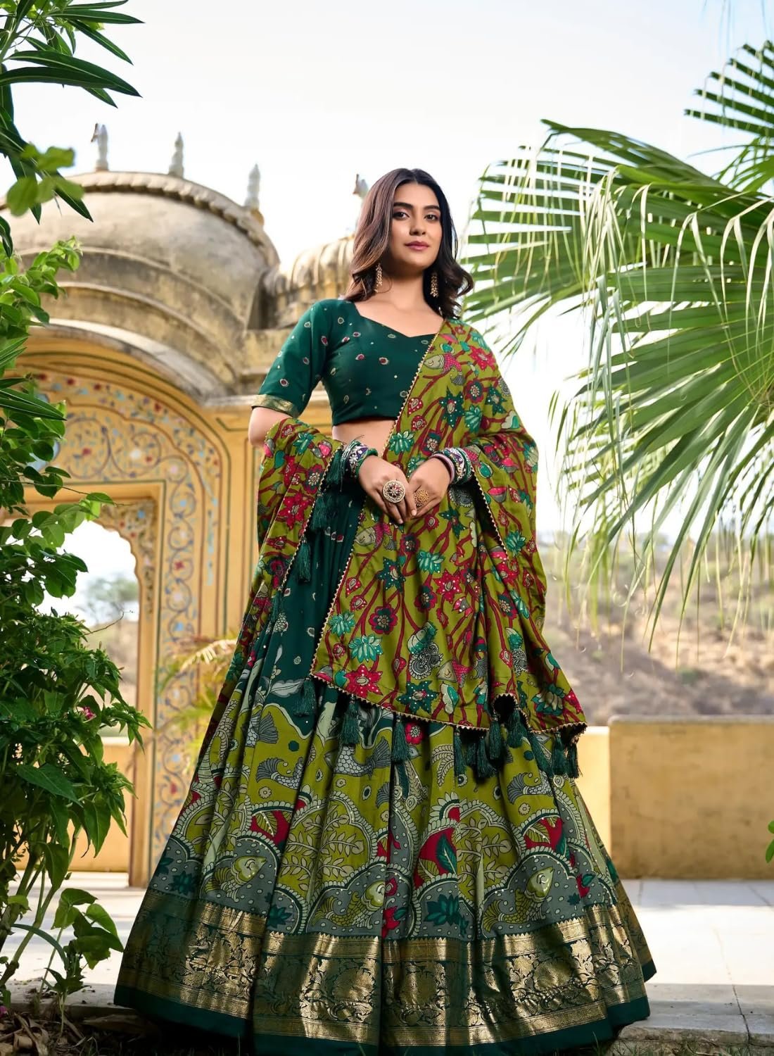 Women’s Pure Dolla Silk Lehenga Choli with Dupatta | Foil Printed Designer Chaniya Choli | 3 Meter Flare Stitched Lehenga with Unstitched Blouse | Festive, Wedding & Party (Dark Green)