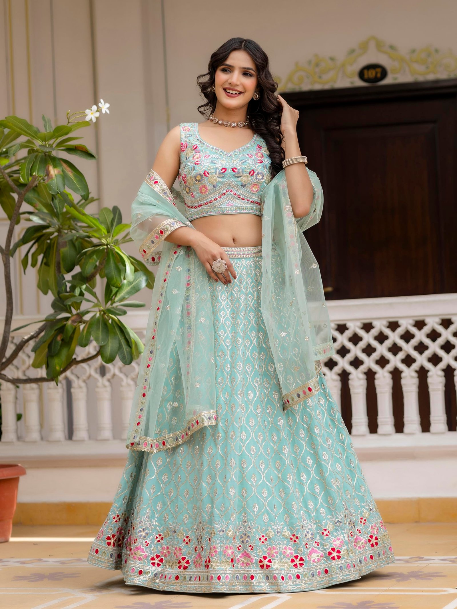 Women's Georgette Embroidery Lehenga Choli With Dupatta (L258-Pista, Semi stitched)