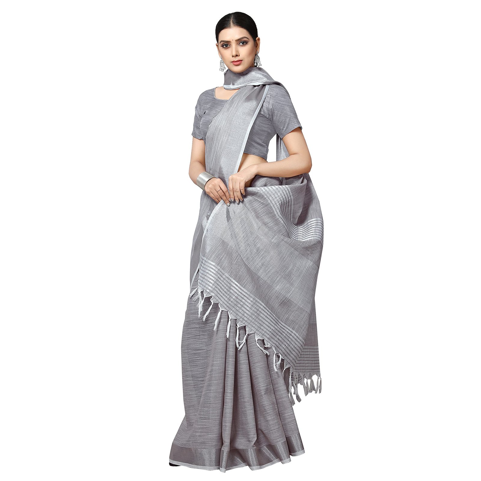 Women’s Jacquard Linen Grey Saree with Unstitched Blouse Piece | Solid Design with Zari Border | 6.3 m Saree & 0.8 m Blouse | Evening & Ceremony