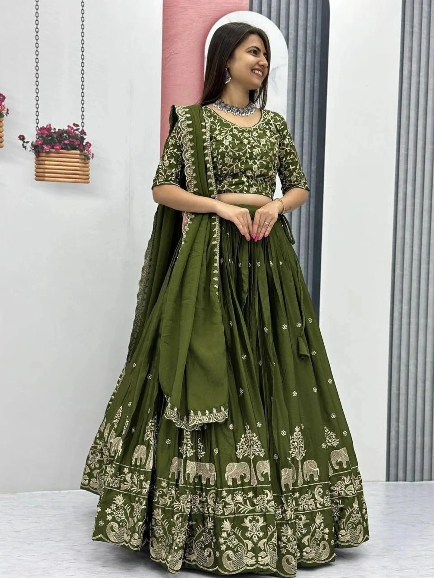 Women's Embroidered Lehenga Choli with Dupatta | Heavy Floral Thread & Sequin Work | Wedding, Haldi, Mehendi & (Green)