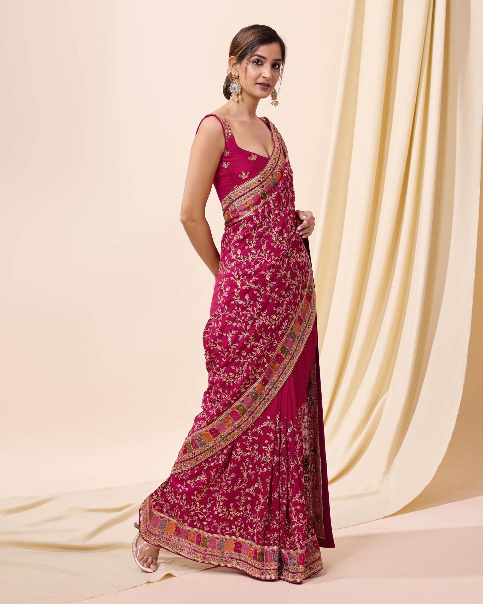 Women's Vichitra Silk Embroidery, Siroski Stone Work Saree with Unstitch Blouse Piece (K1085-Pink-)