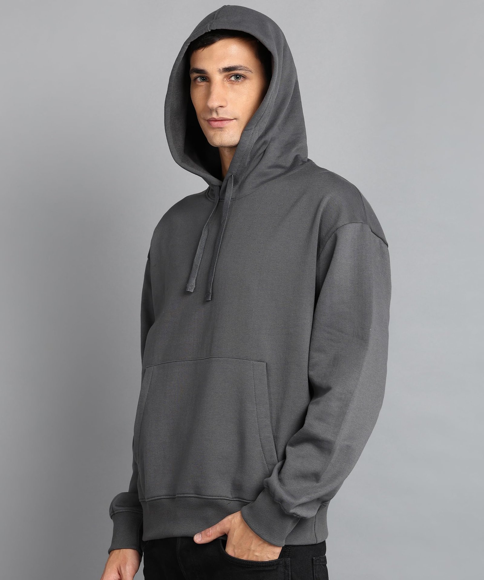 Men’s Solid Oversized Hoodie | Cotton Blend Pullover with Kangaroo Pocket & Adjustable Hood | Casual Winter Wear (Anthracite Grey)