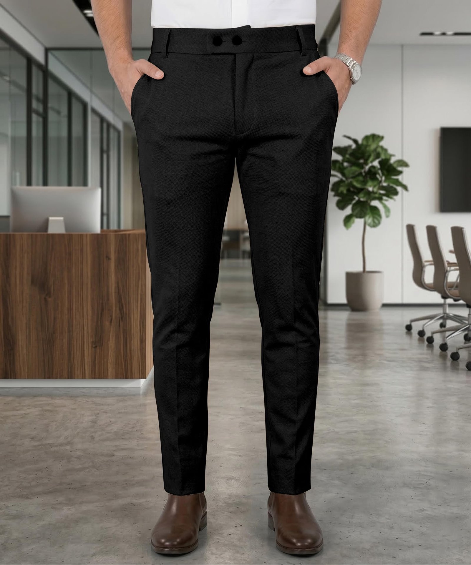 Men's Slim Fit Casual Mid Rise Trousers, Cotton Blend, Side Pockets (in, Numeric, Regular, Black)