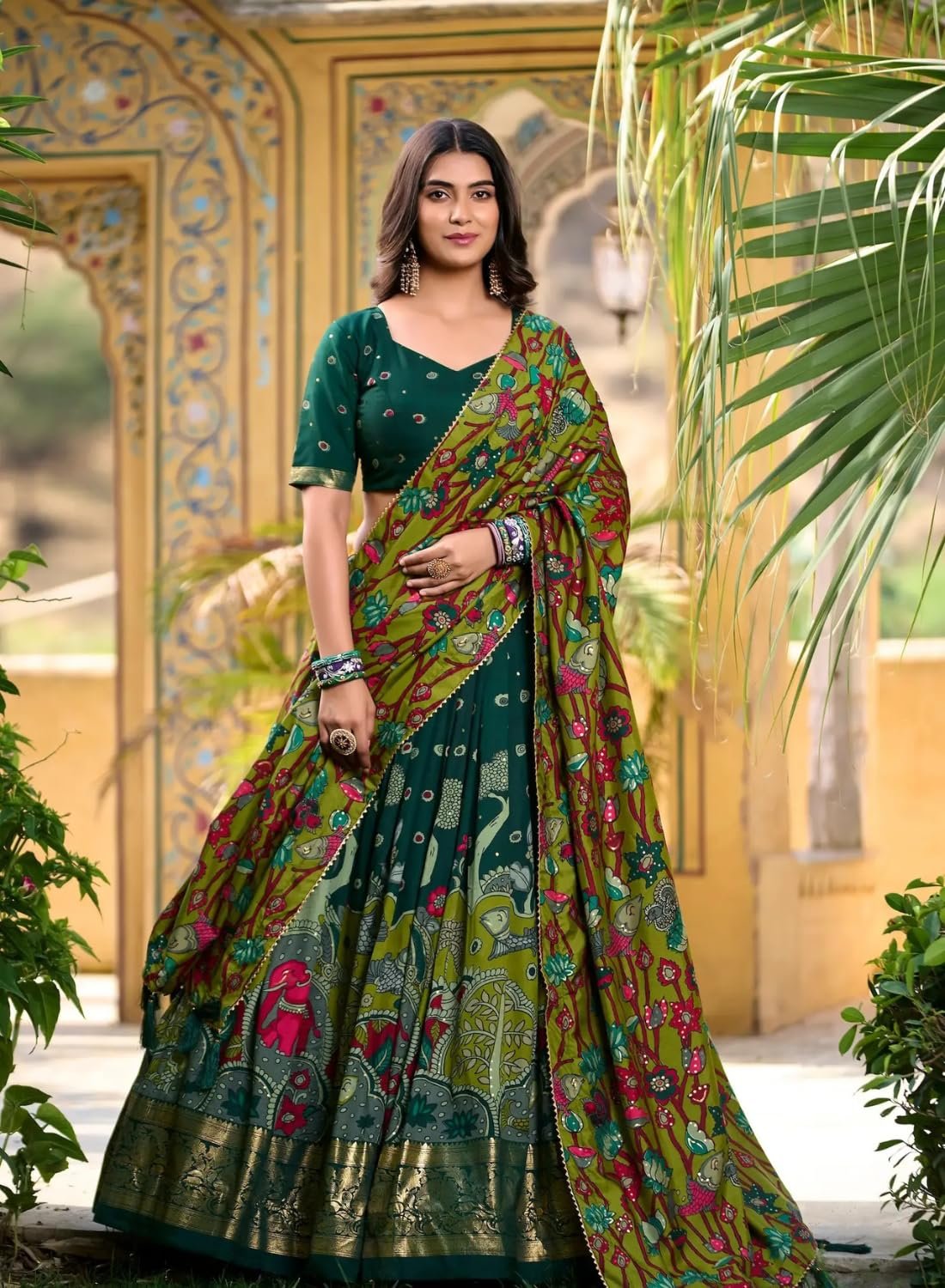 Women’s Pure Dolla Silk Lehenga Choli with Dupatta | Foil Printed Designer Chaniya Choli | 3 Meter Flare Stitched Lehenga with Unstitched Blouse | Festive, Wedding & Party (Dark Green)
