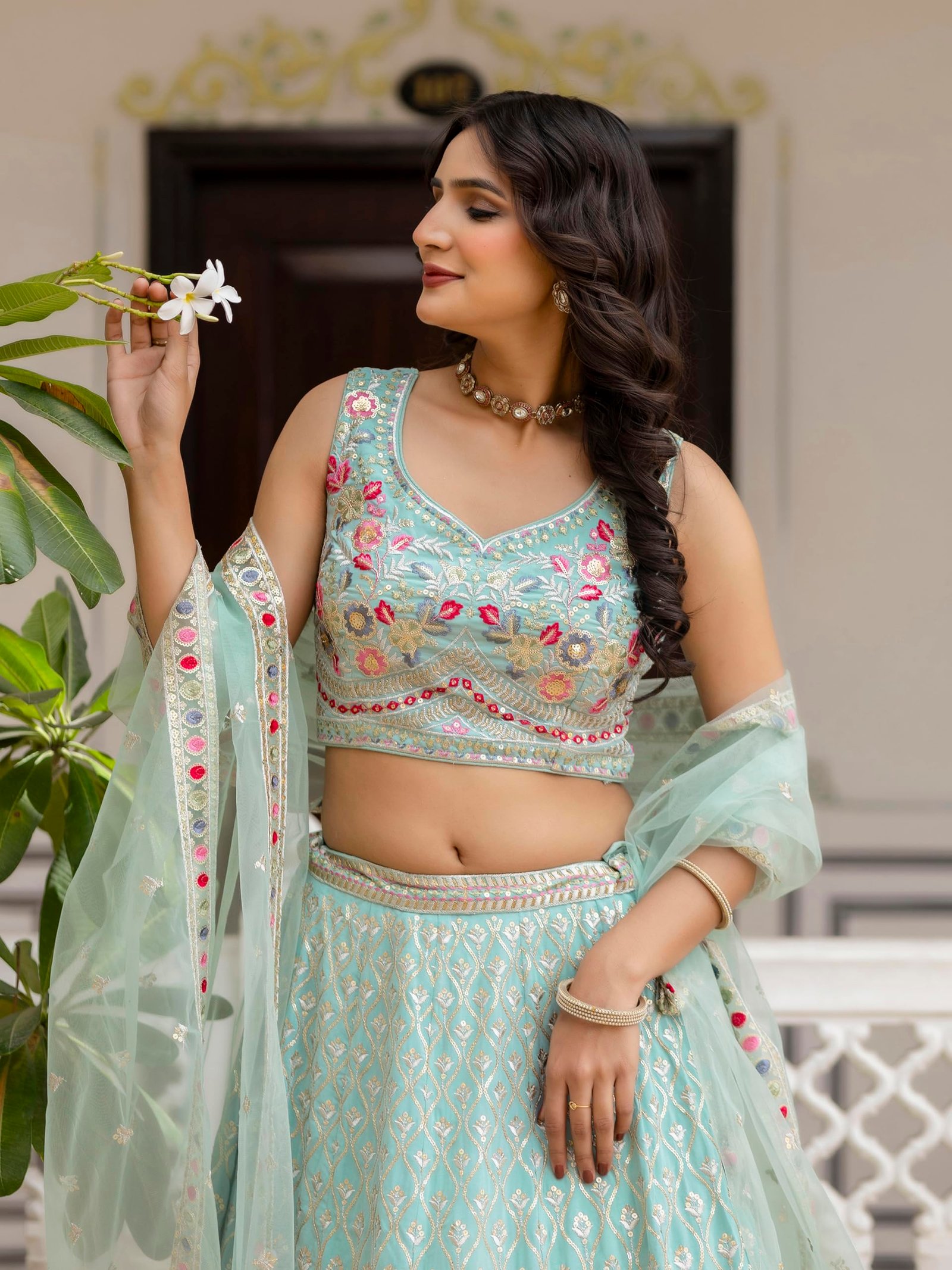 Women's Georgette Embroidery Lehenga Choli With Dupatta (L258-Pista, Semi stitched)