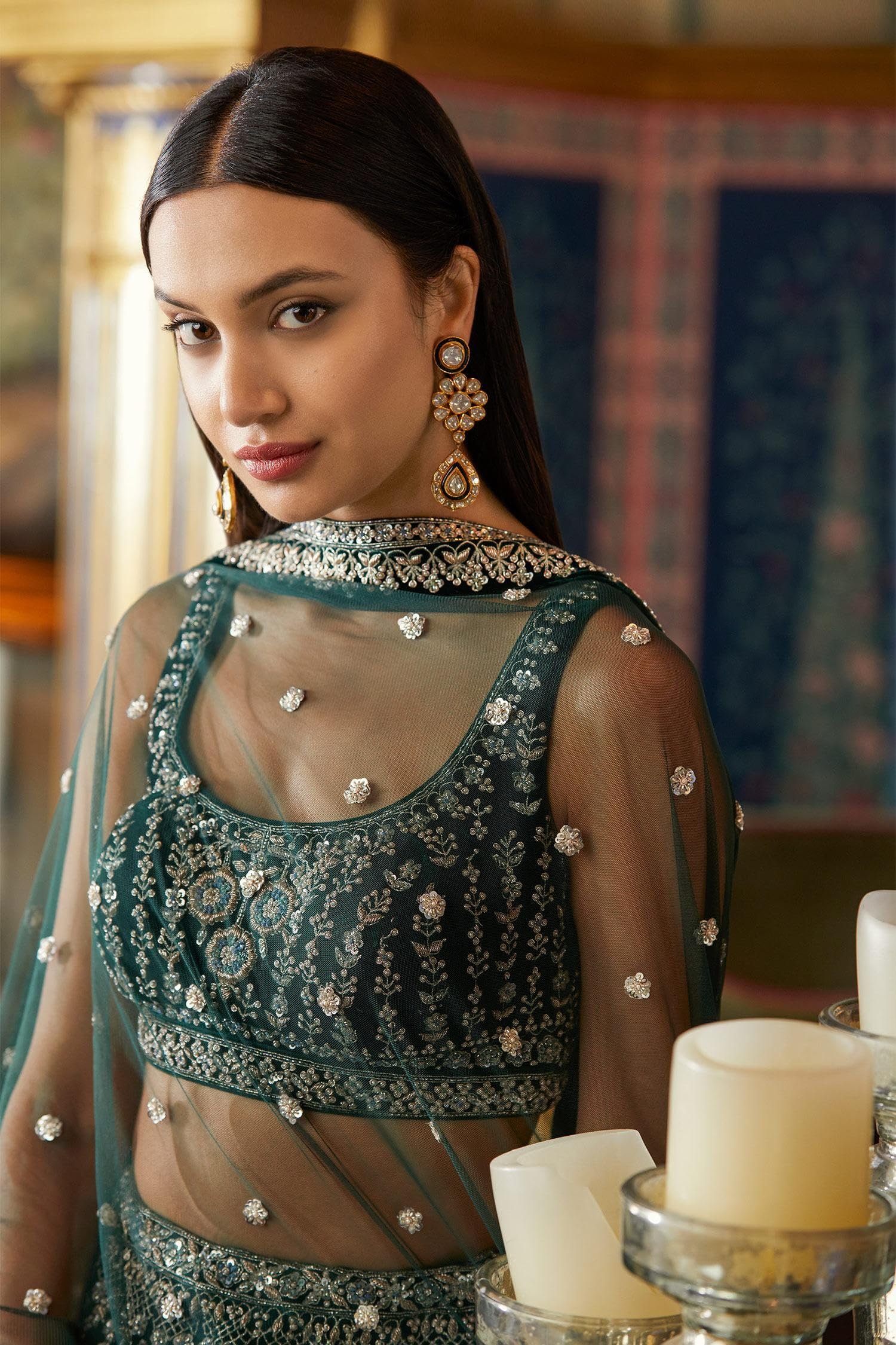 Women's Green Georgette,Thread Sequenca Zari Embroidery Work Semi Stiched Lehenga Choli