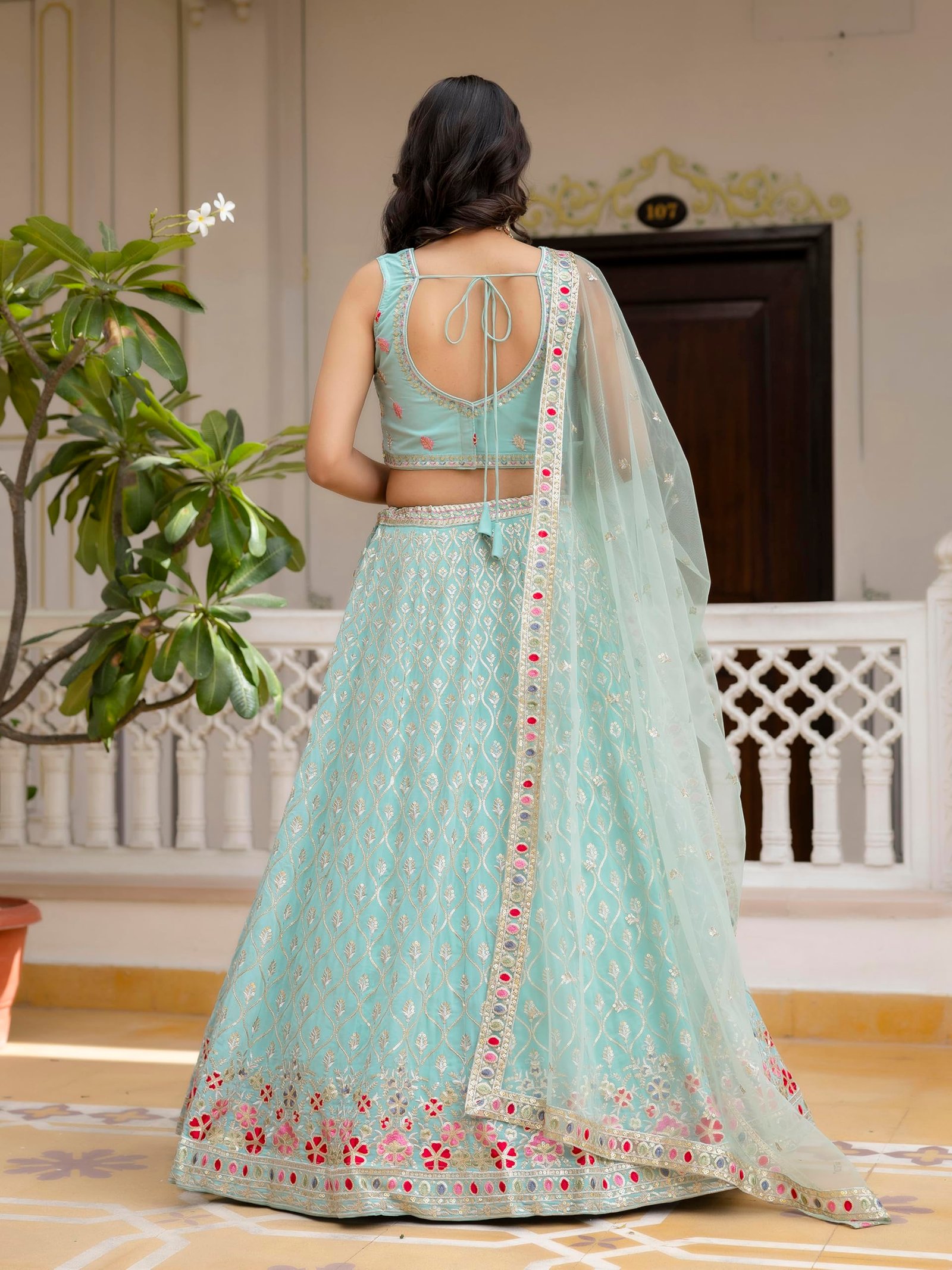 Women's Georgette Embroidery Lehenga Choli With Dupatta (L258-Pista, Semi stitched)