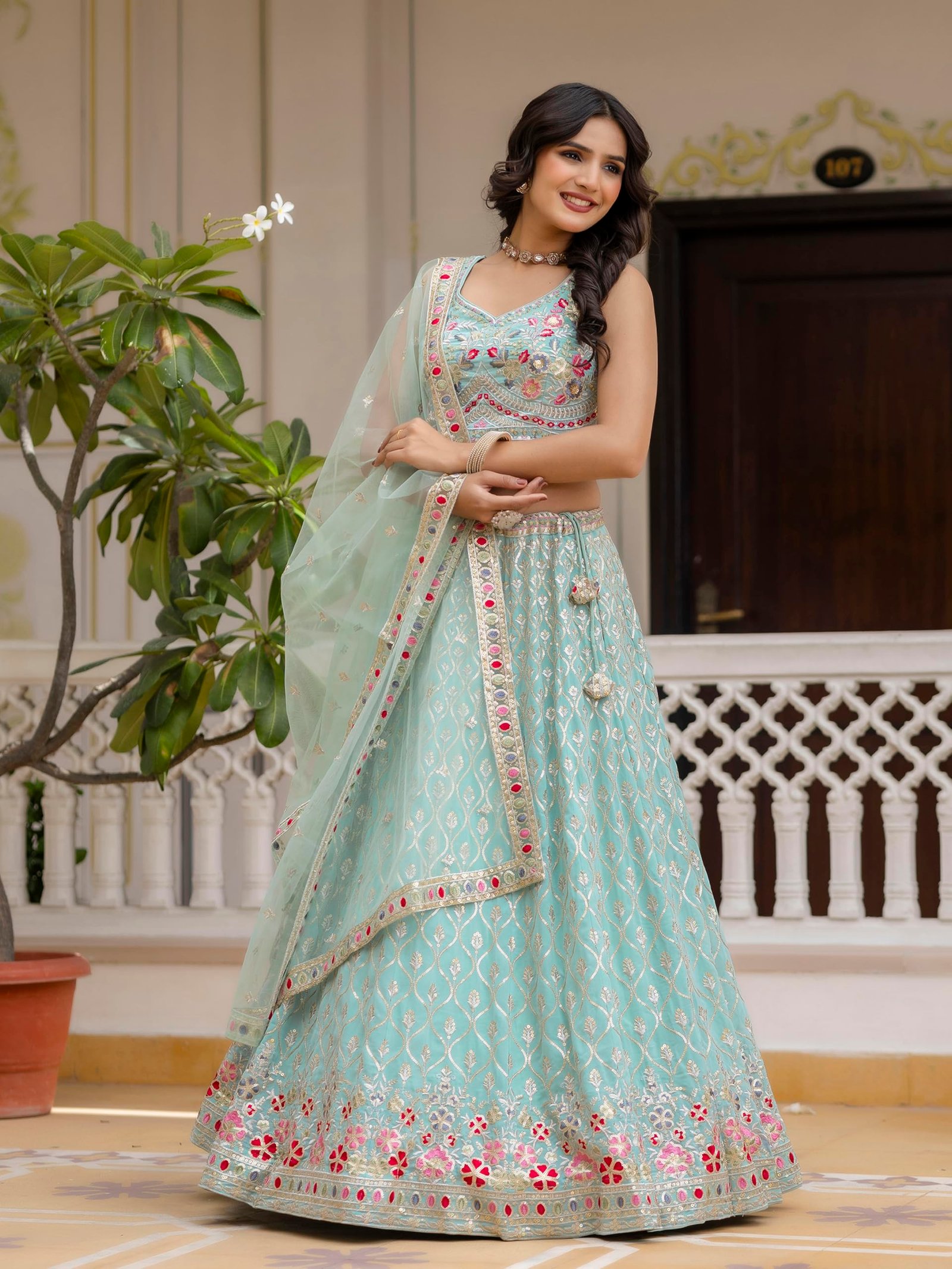 Women's Georgette Embroidery Lehenga Choli With Dupatta (L258-Pista, Semi stitched)