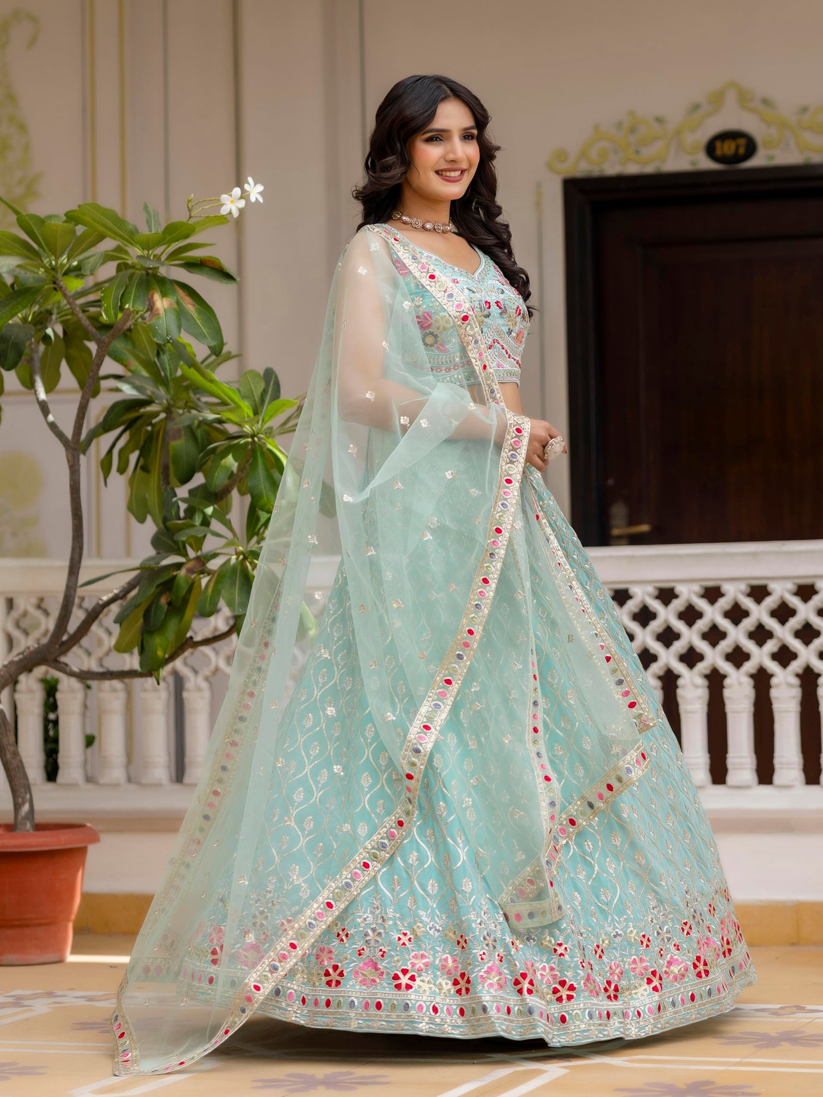 Women's Georgette Embroidery Lehenga Choli With Dupatta (L258-Pista, Semi stitched)