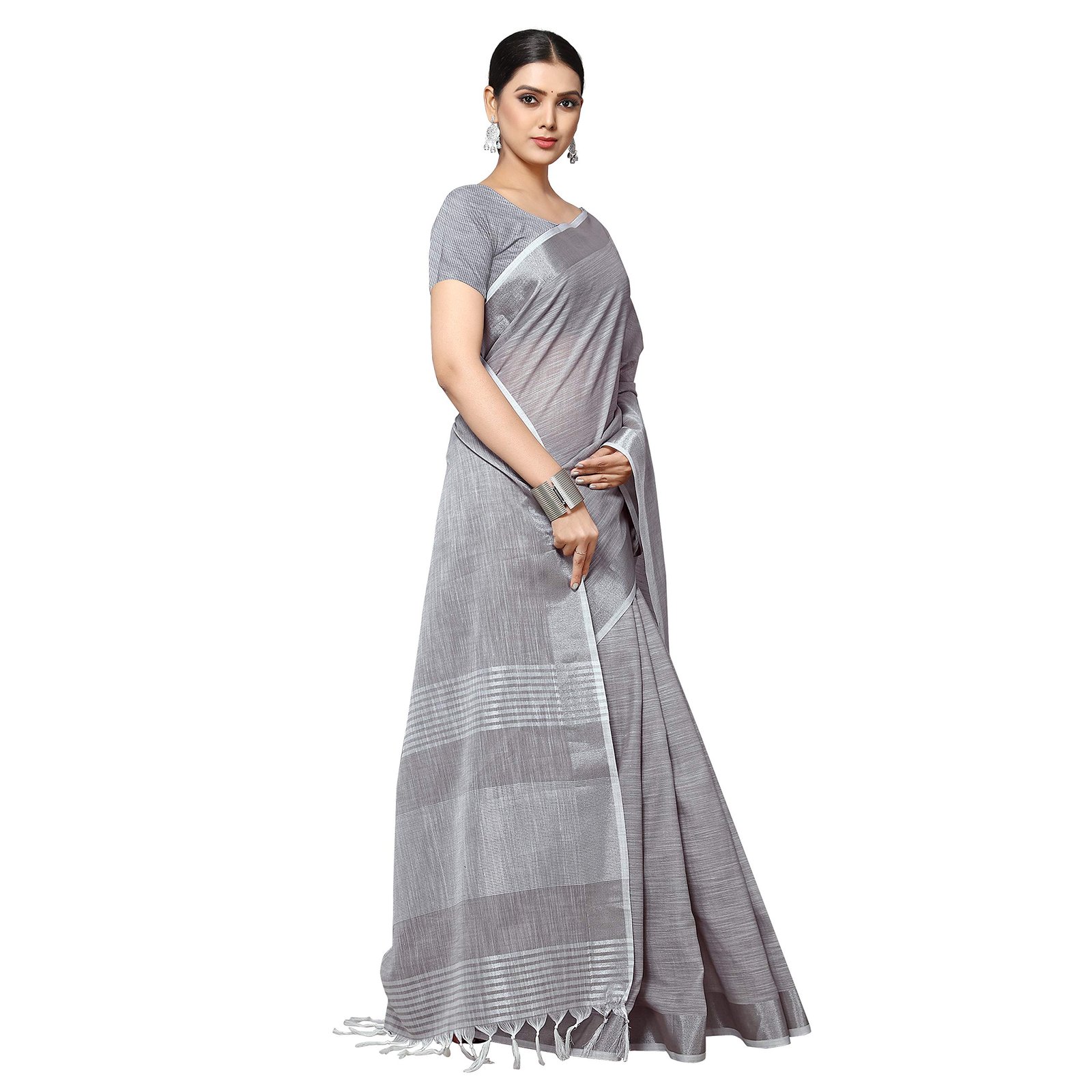 Women’s Jacquard Linen Grey Saree with Unstitched Blouse Piece | Solid Design with Zari Border | 6.3 m Saree & 0.8 m Blouse | Evening & Ceremony
