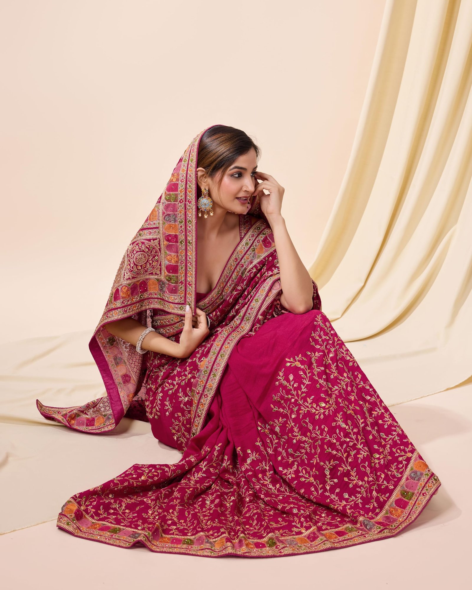 Women's Vichitra Silk Embroidery, Siroski Stone Work Saree with Unstitch Blouse Piece (K1085-Pink-)