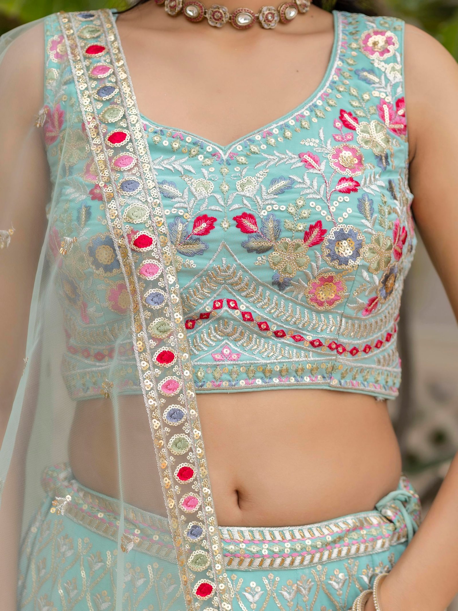 Women's Georgette Embroidery Lehenga Choli With Dupatta (L258-Pista, Semi stitched)