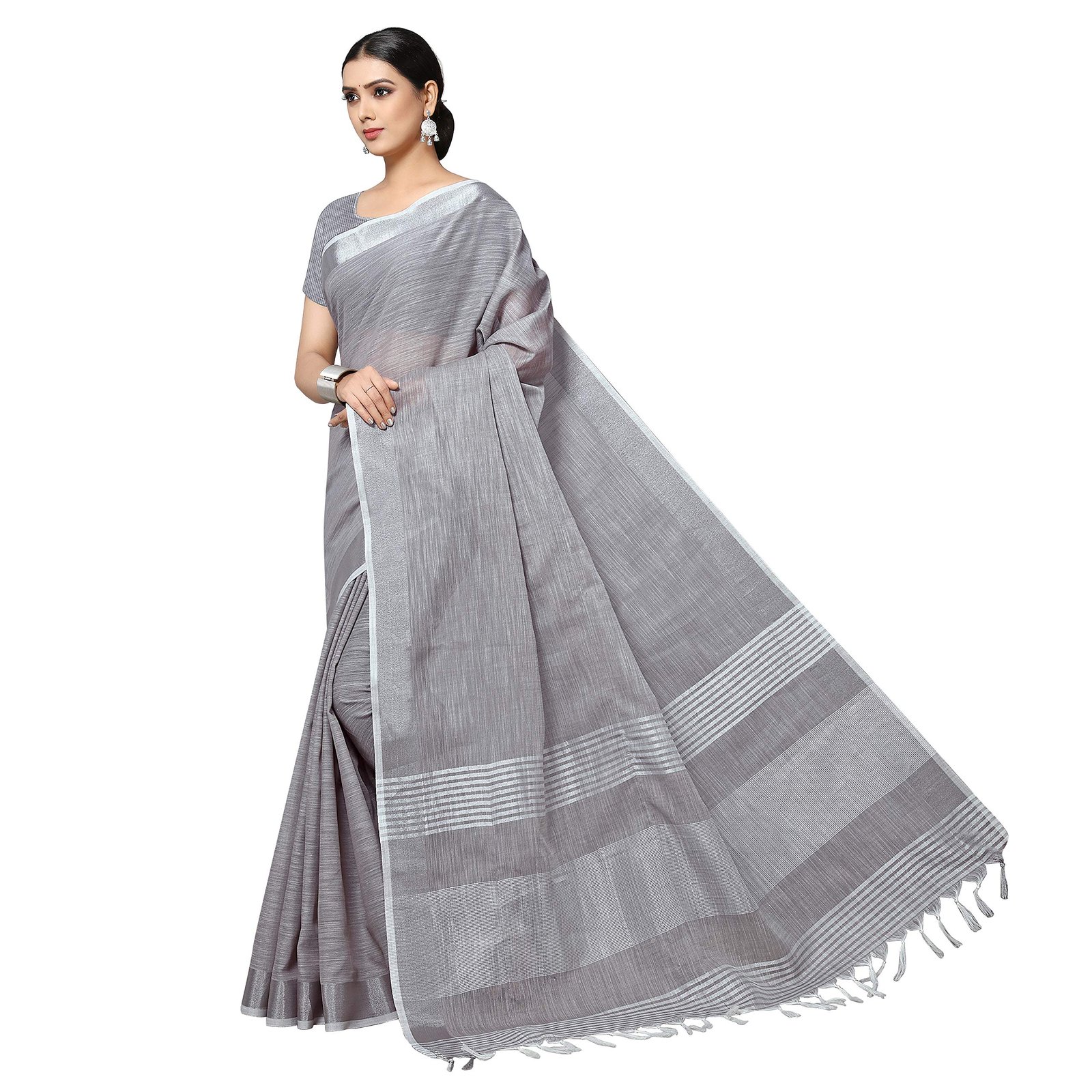 Women’s Jacquard Linen Grey Saree with Unstitched Blouse Piece | Solid Design with Zari Border | 6.3 m Saree & 0.8 m Blouse | Evening & Ceremony