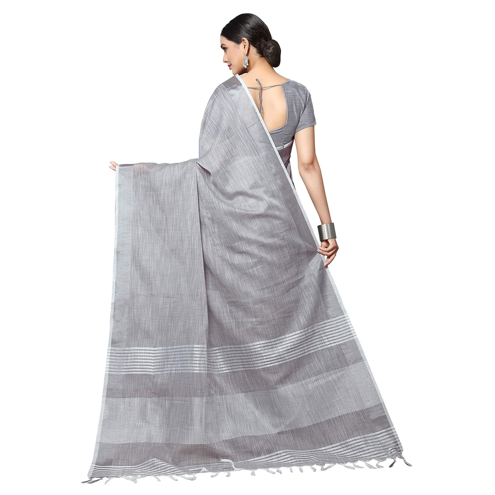 Women’s Jacquard Linen Grey Saree with Unstitched Blouse Piece | Solid Design with Zari Border | 6.3 m Saree & 0.8 m Blouse | Evening & Ceremony