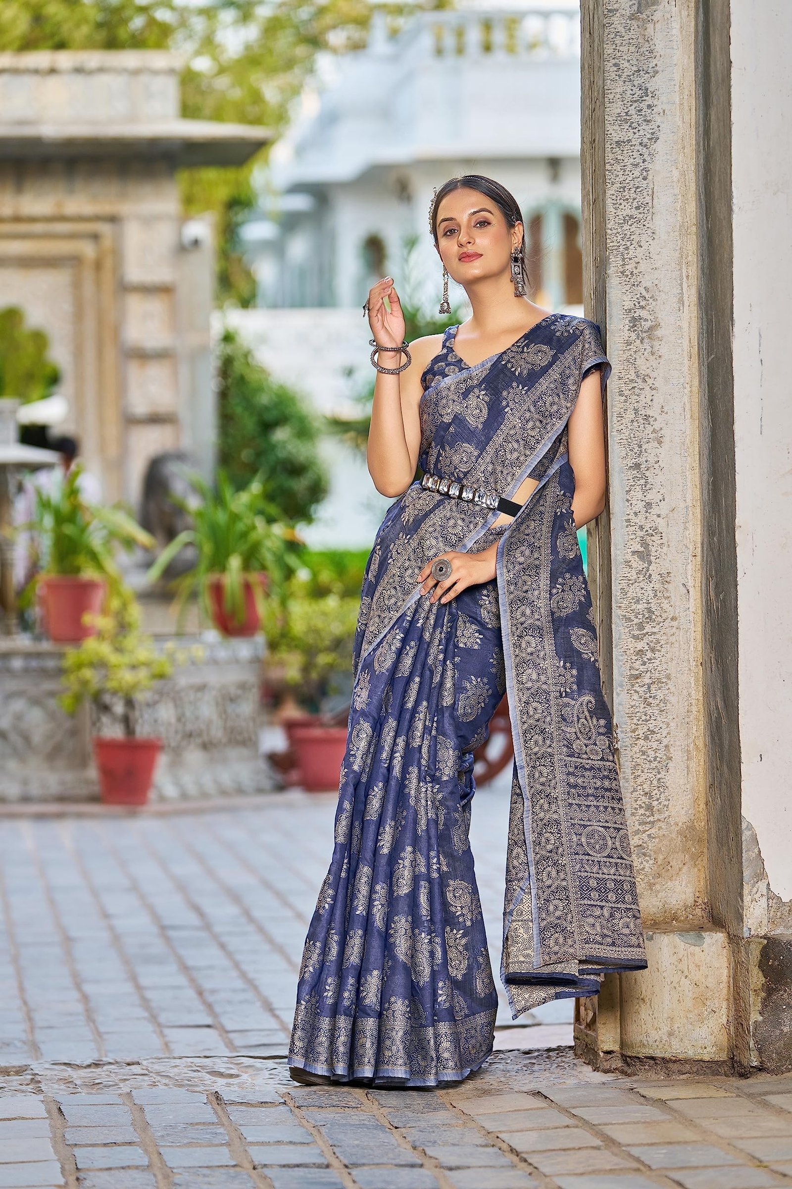 Women's Lucknowi Chikankari Linen Cotton Woven Sarees For Women With Blouse Sarees For Women, Blue