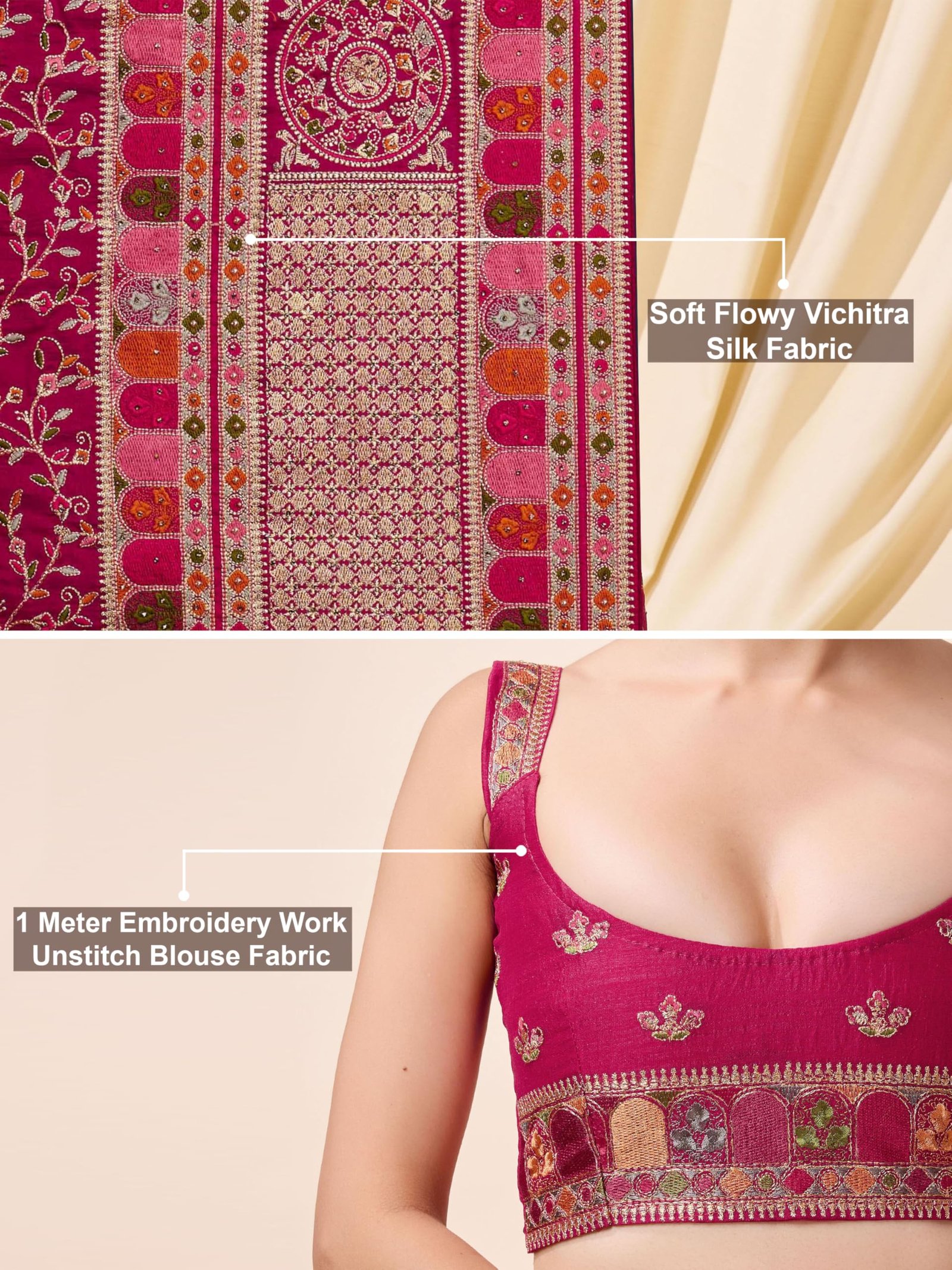 Women's Vichitra Silk Embroidery, Siroski Stone Work Saree with Unstitch Blouse Piece (K1085-Pink-)